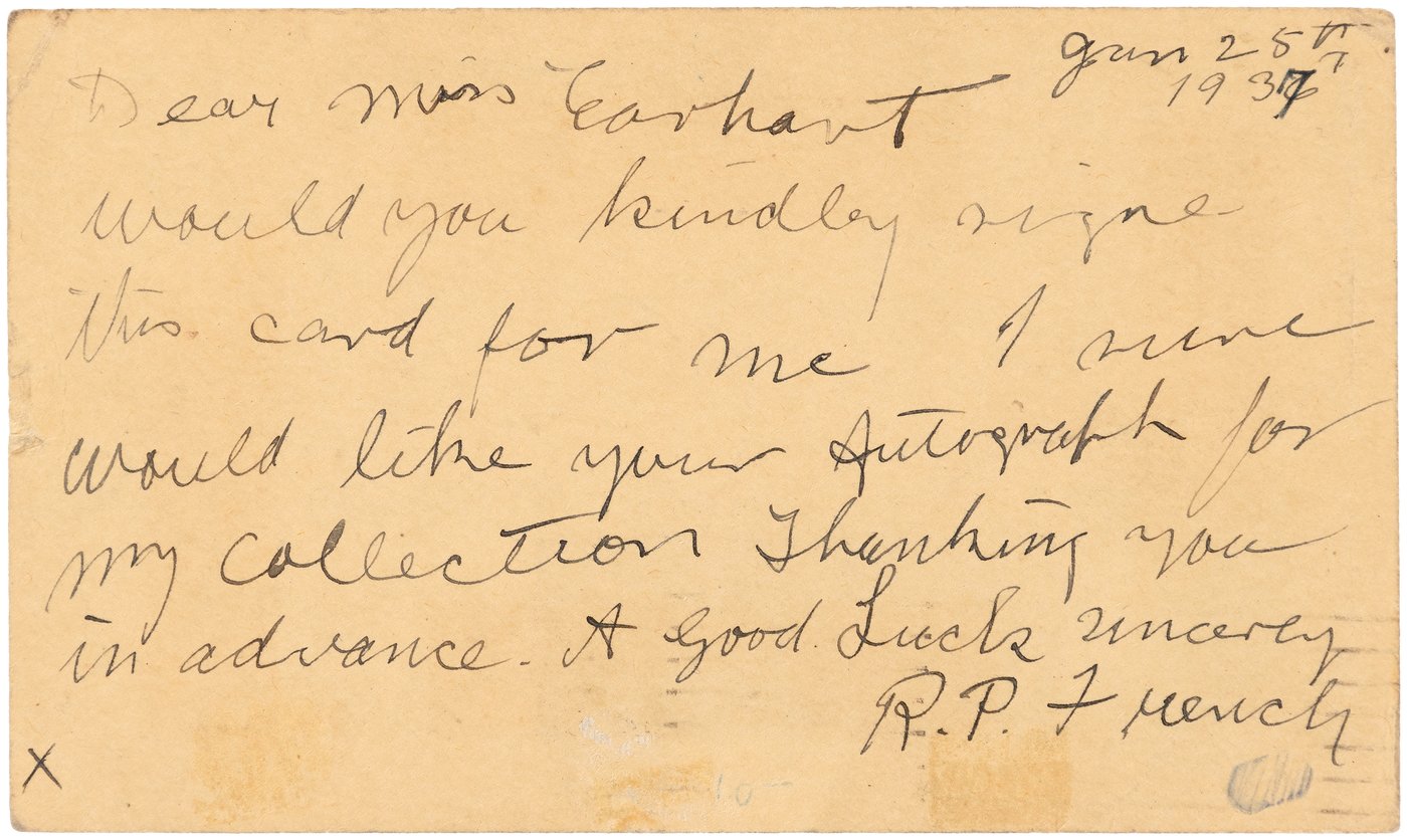Amelia Earhart Authentic Signed 3.25x5.5 1937 Postcard Autographed JSA #XX22081