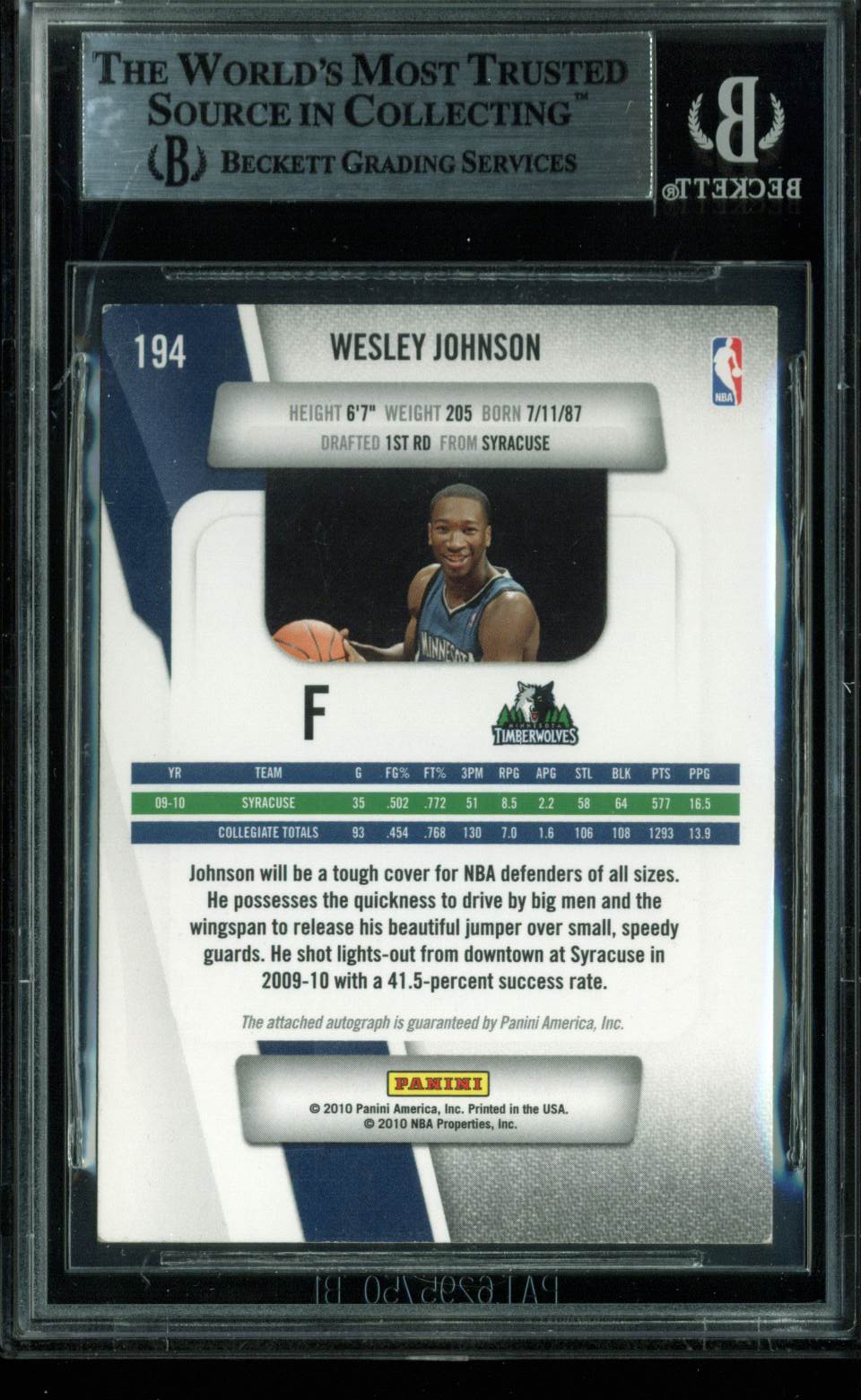 Timberwolves Wesley Johnson Signed Card 2010 Prestige RC #194 BAS Slabbed