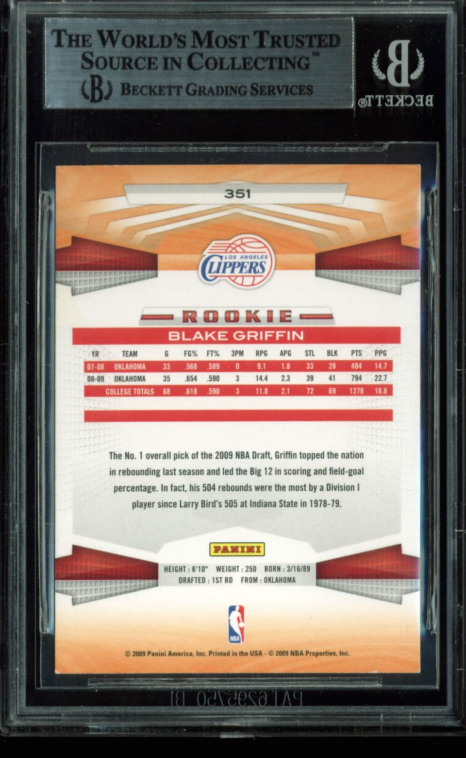 Clippers Blake Griffin Authentic Signed Card 2009 Panini RC #351 BAS Slabbed