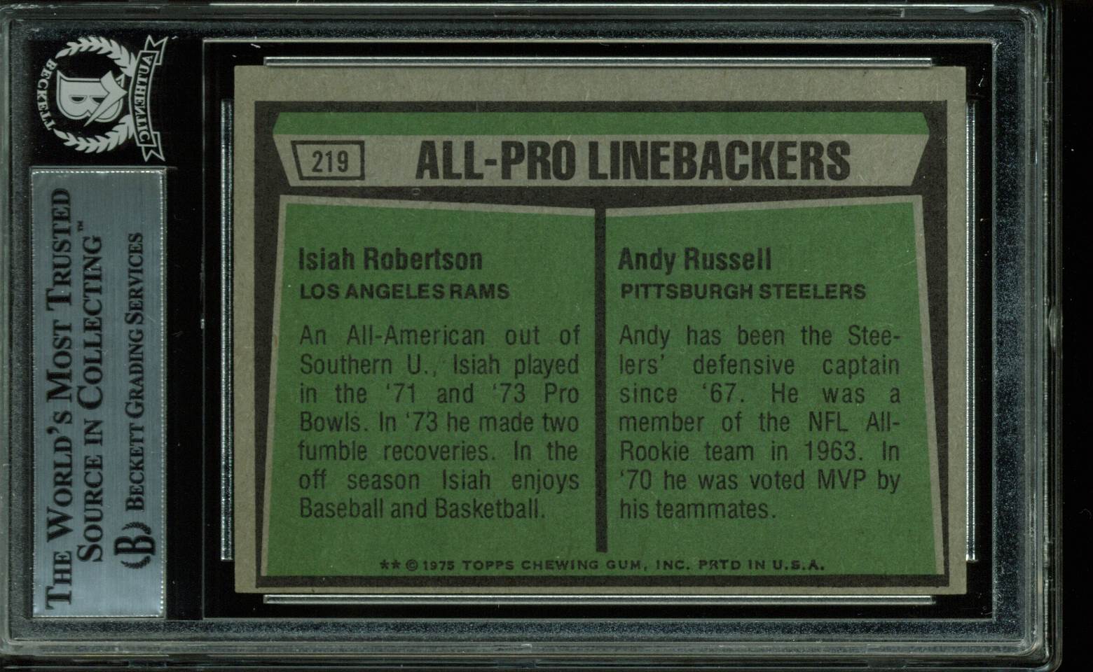 Steelers Andy Russell Authentic Signed Card 1975 Topps #219 AP LB's BAS Slabbed