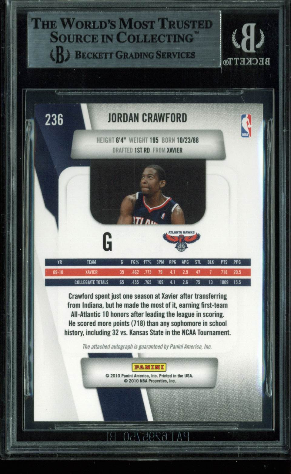Hawks Jordan Crawford Authentic Signed Card 2010 Prestige #236 BAS Slabbed