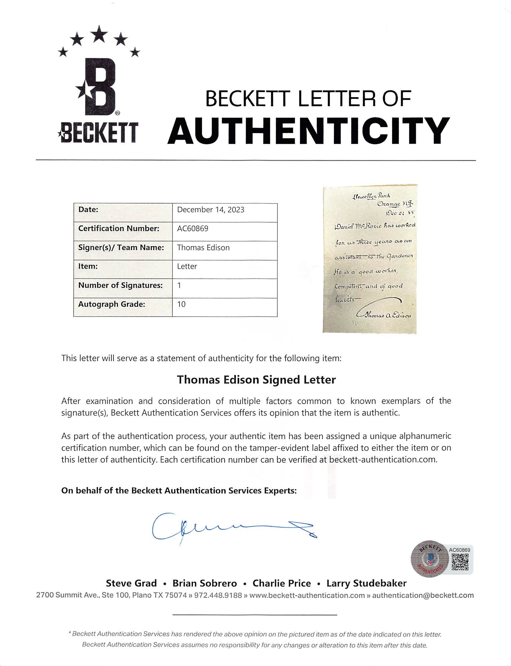 Thomas Edison Authentic Signed Handwritten Letter Auto Graded 10! BAS #AC60869
