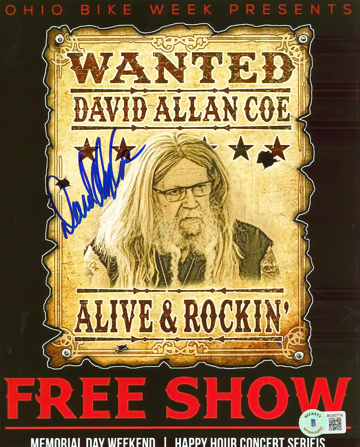 David Allan Coe Authentic Signed 8x10 Photo Autographed BAS #BG90774