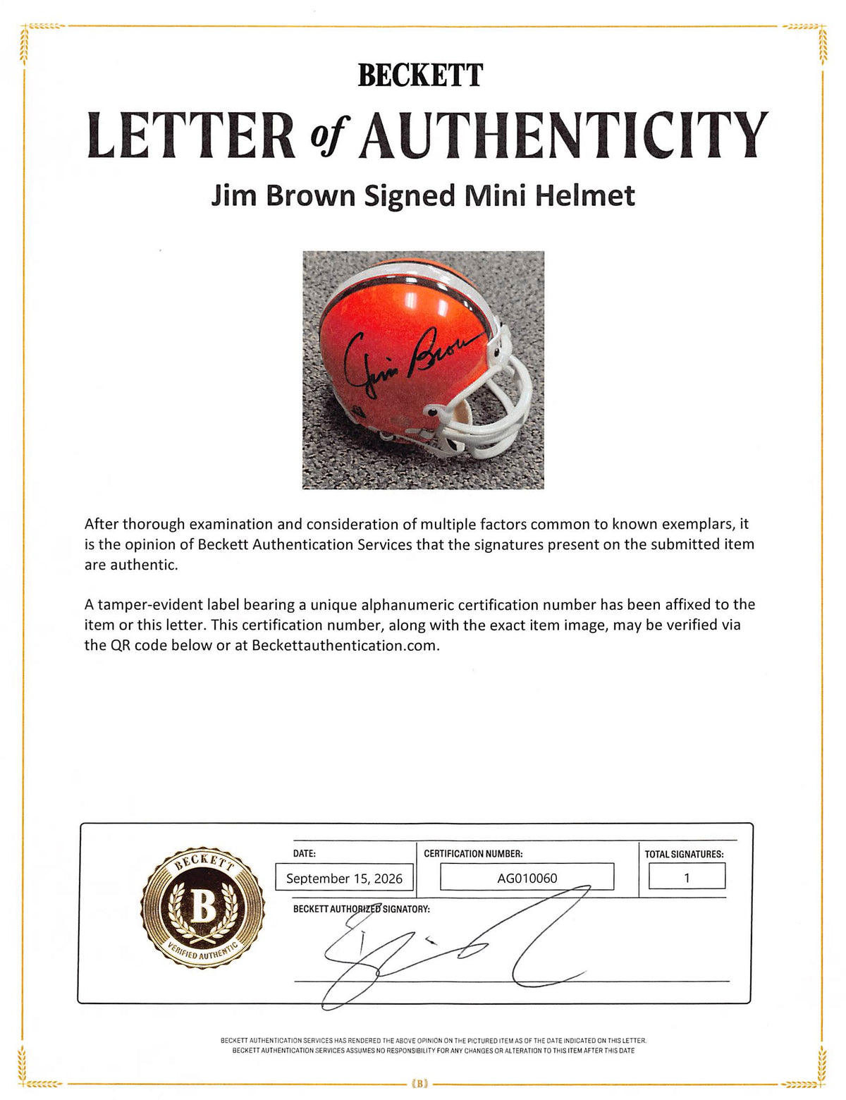 Browns Jim Brown Authentic Signed Vintage Rep Mini Helmet BAS #AG010060