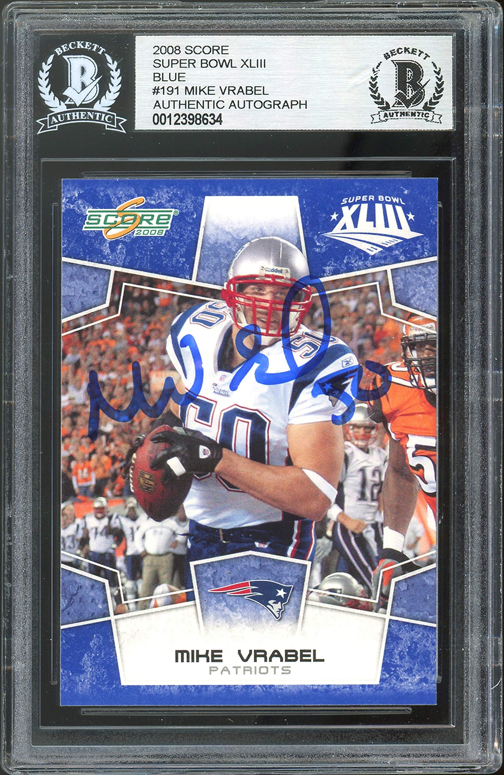 Patriots Mike Vrabel Signed 2008 Score Super Bowl XLIII Blue #191 Card BAS Slab