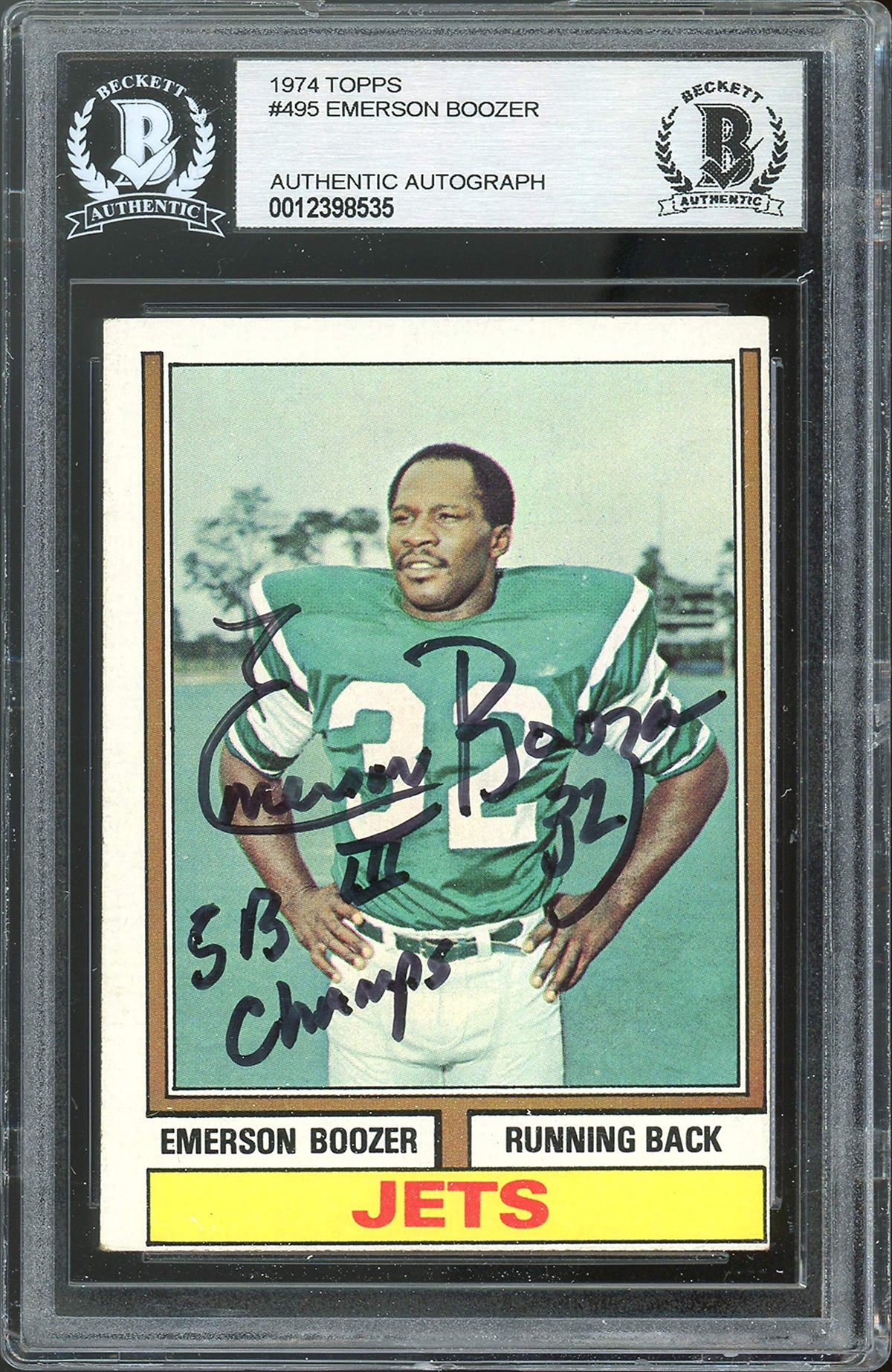 Jets Emerson Boozer SB III Champs Authentic Signed 1974 Topps #495 Card BAS Slab