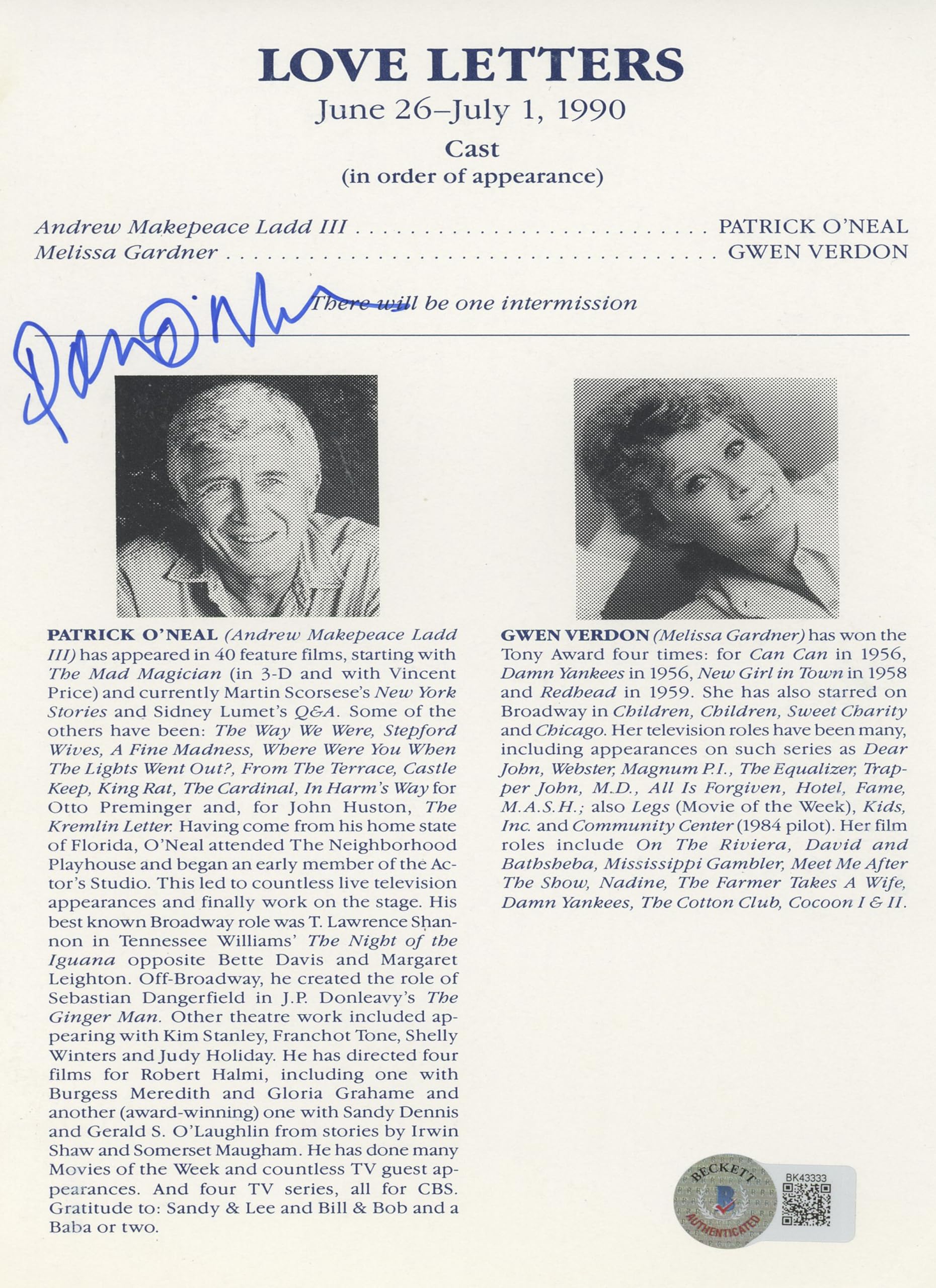 Patrick O'Neal Love Letters Authentic Signed 5.5x8.5 Program BAS #BK43333