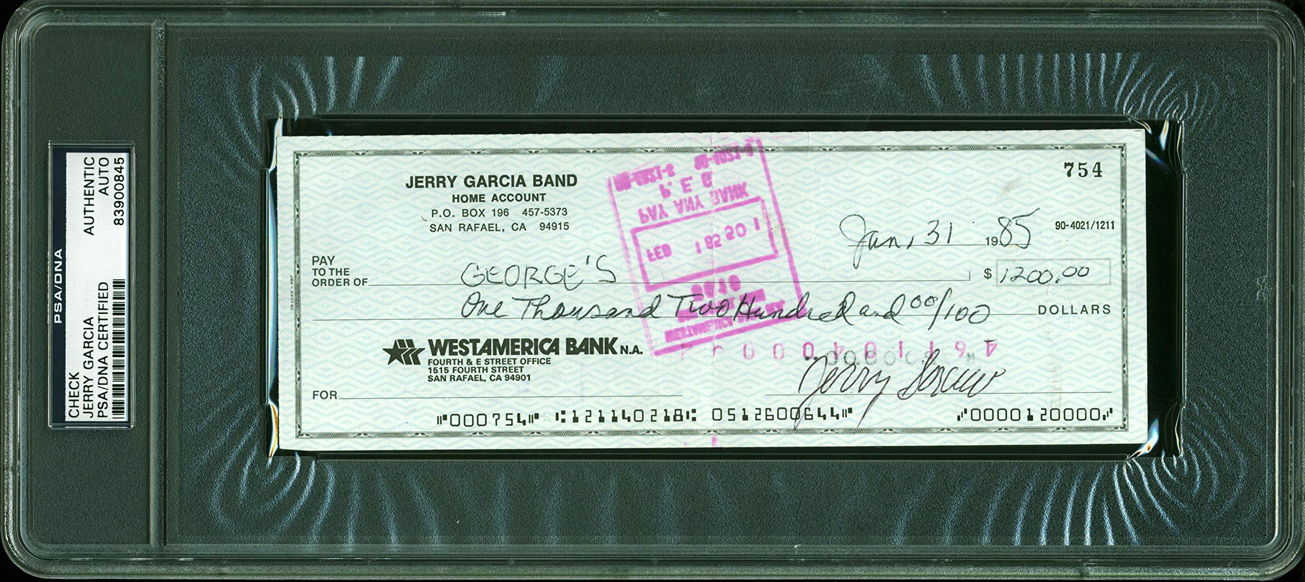 Jerry Garcia Grateful Dead Signed 3x8.25 Check Dated June 31, 1985 PSA Slabbed