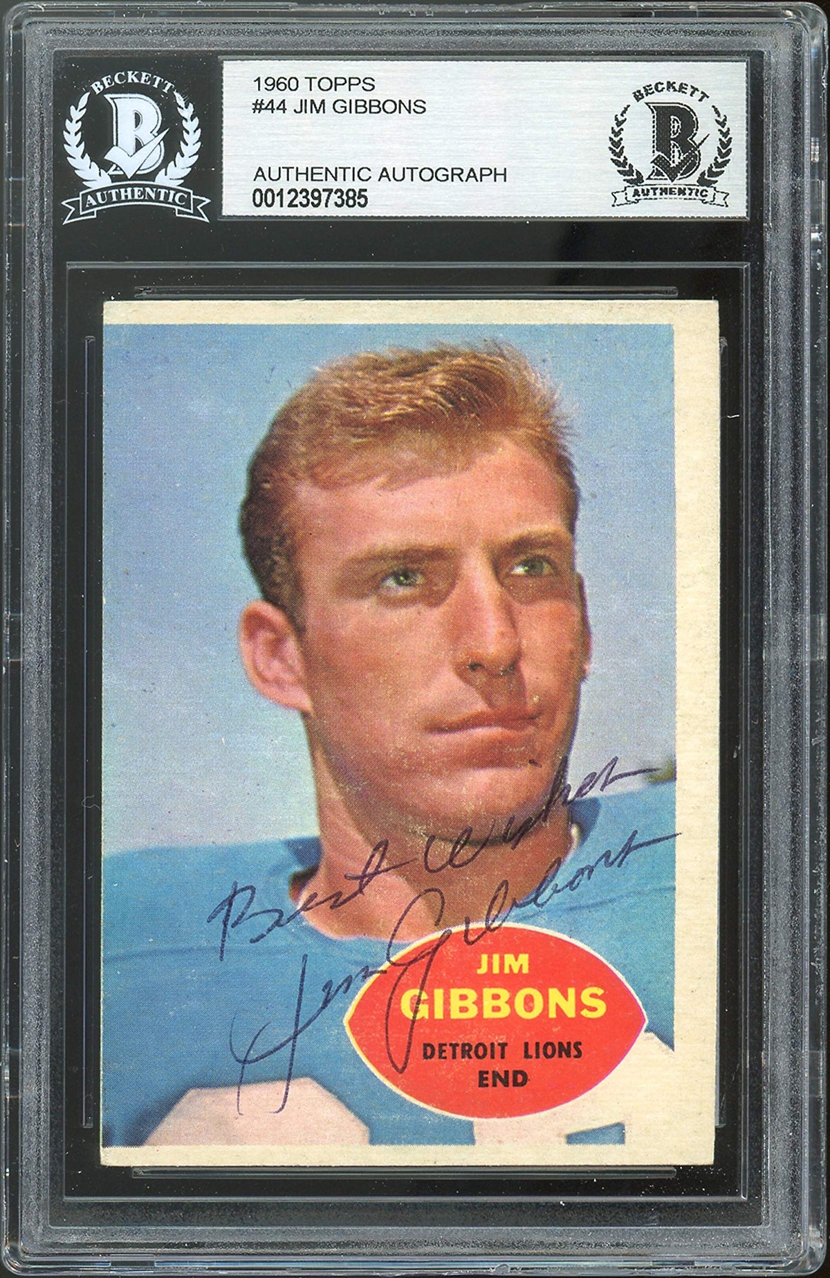 Lions Jim Gibbons Best Wishes! Authentic Signed 1960 Topps #44 Card BAS Slabbed