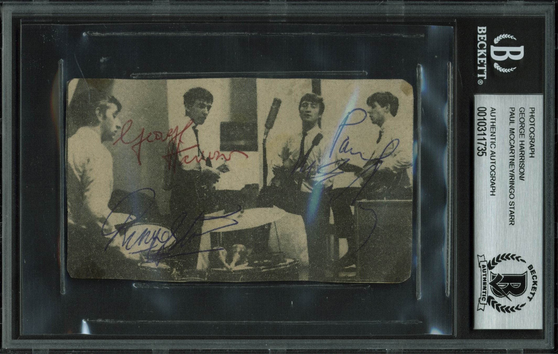 The Beatles (3) Harrison, McCartney & Starr Signed 2.65x4.5 Photo BAS Slabbed