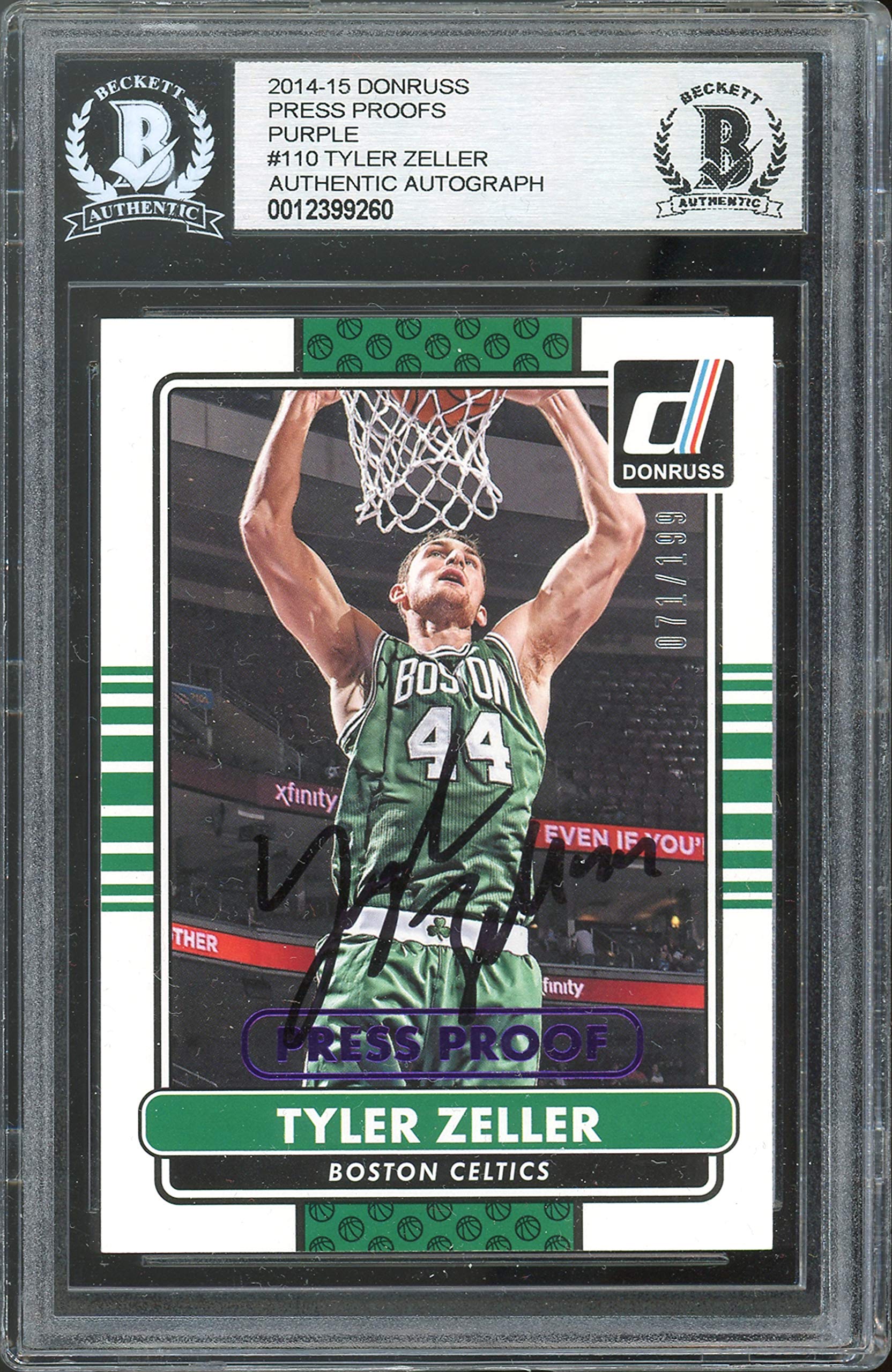 Celtics Tyler Zeller Signed 2014 Donruss Press Proofs Purple #110 Card BAS Slabbed