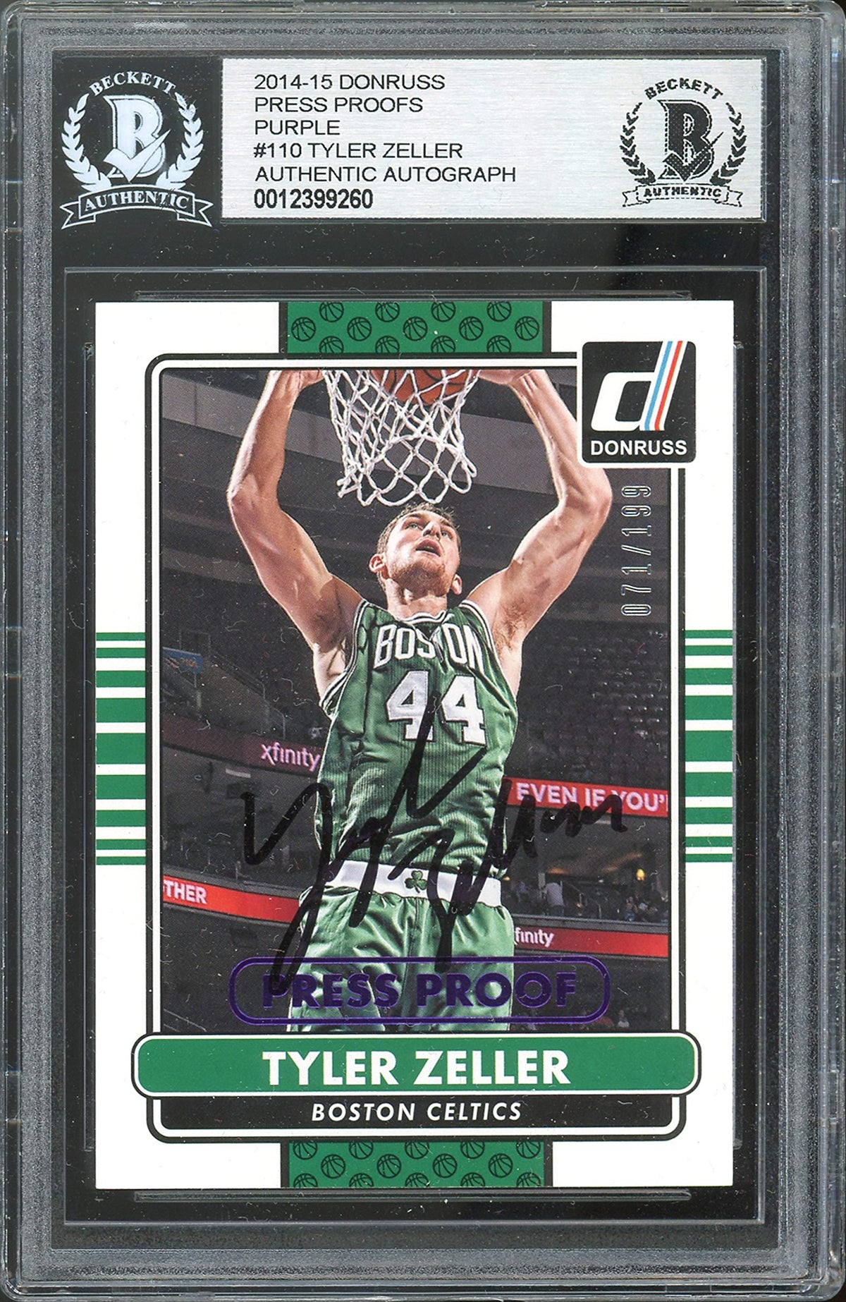 Celtics Tyler Zeller Signed 2014 Donruss Press Proofs Purple #110 Card BAS Slabbed