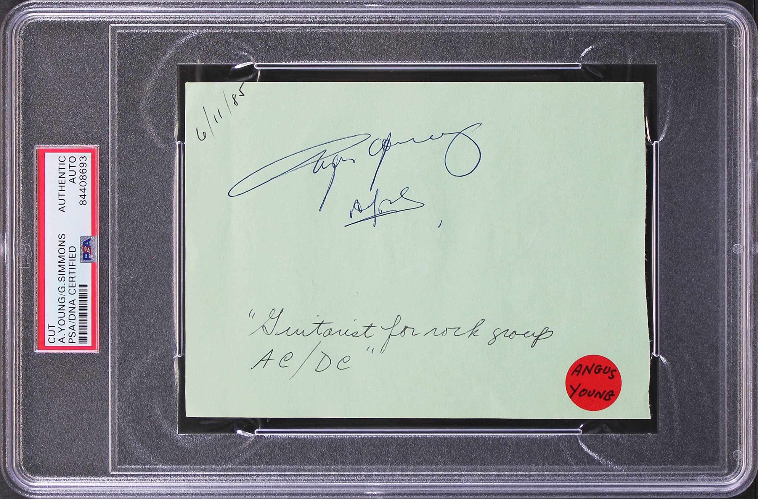 Angus Young & Gene Simmons Authentic Signed 4.5x6.25 Cut Signature PSA Slabbed