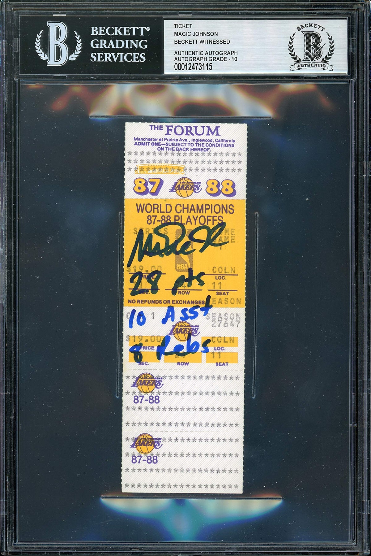 Lakers Magic Johnson Game Stats Signed 1988 Finals Ticket Auto Grade 10 BAS Slab