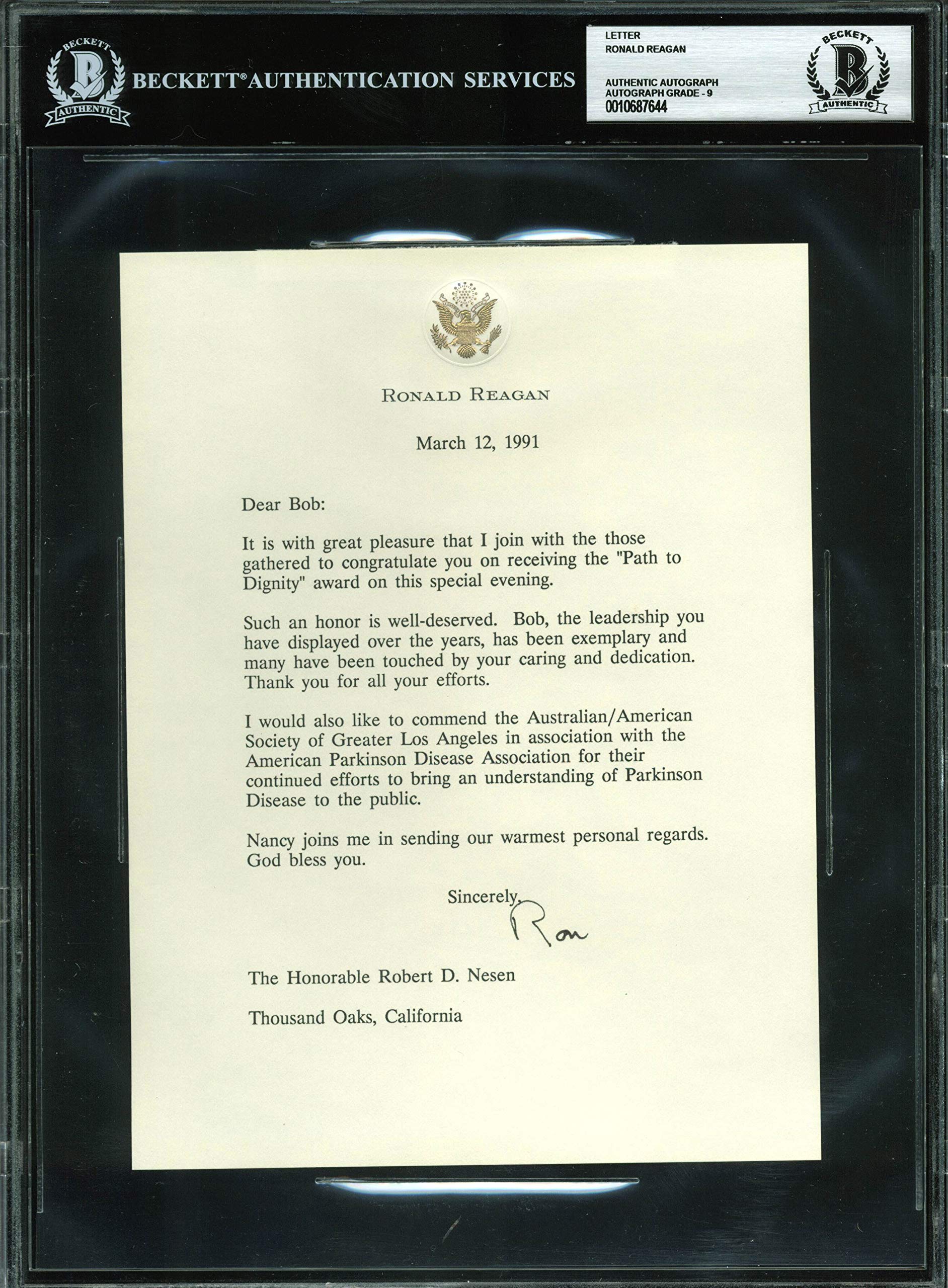Ronald Reagan Signed 1991 Letter On Personal Letterhead Auto Graded 9! BAS Slab