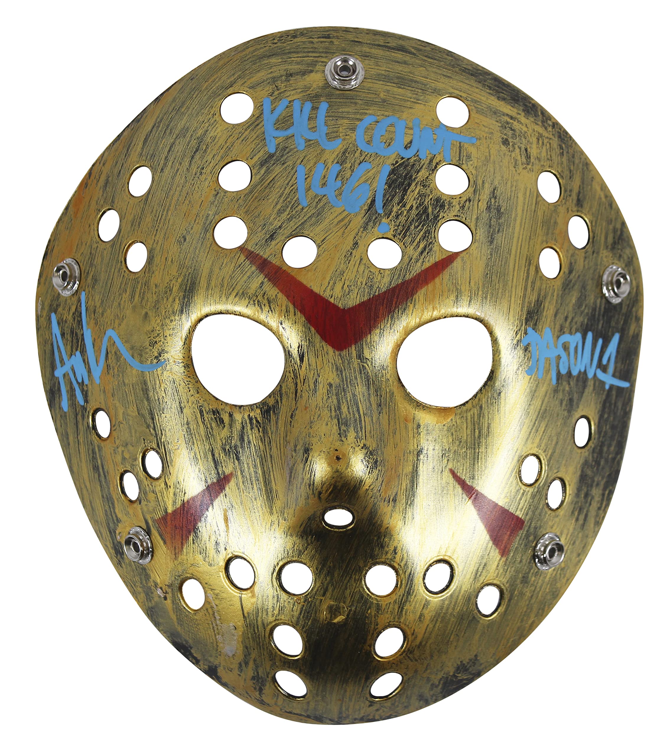 Ari Lehman Friday The 13th "146 Kill Count" Signed Gold Jason Mask BAS #BB57545