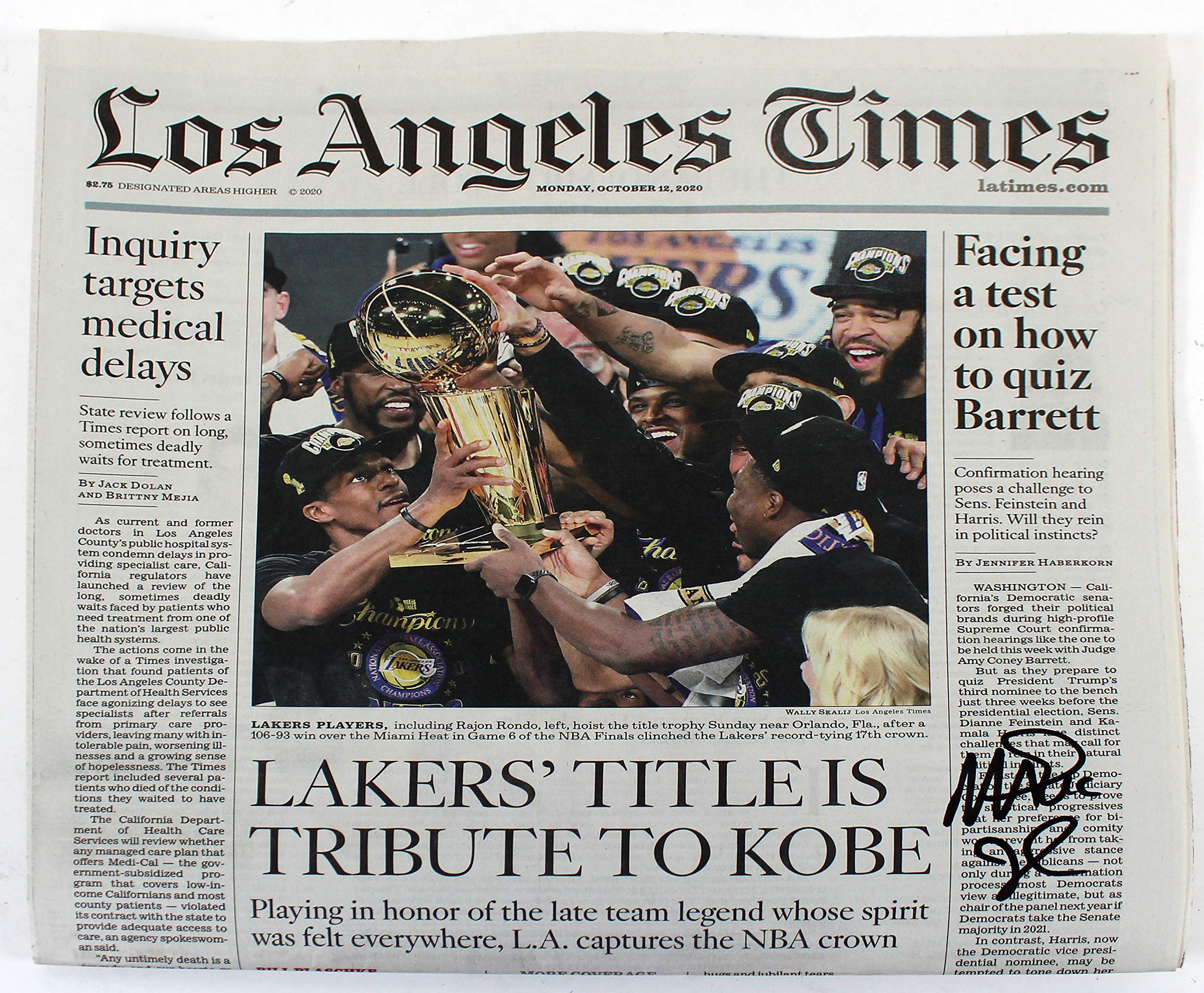 Lakers Magic Johnson Signed LA Times 2020 Championship Edition Newspaper BAS Wit