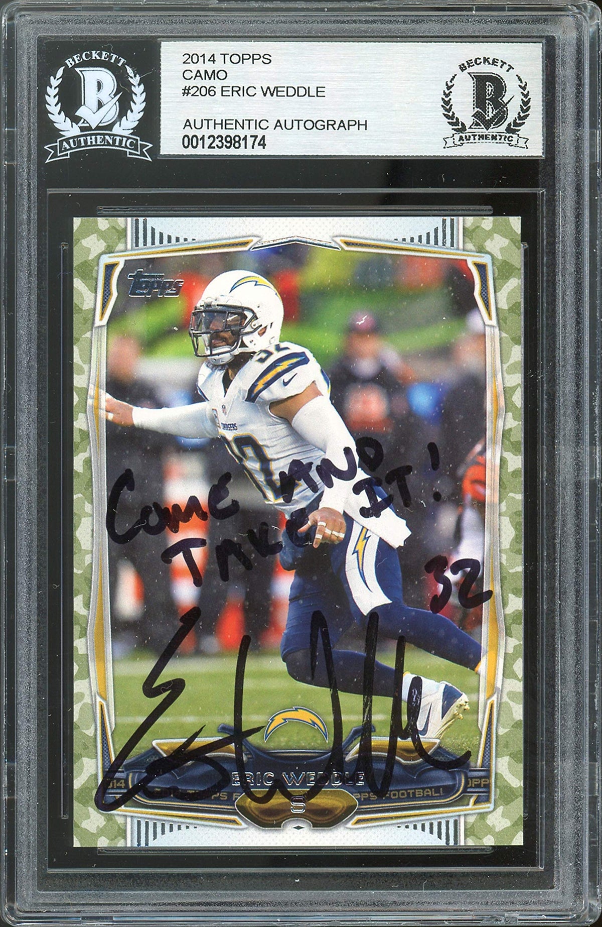 Chargers Eric Weddle Authentic Signed 2014 Topps Camo #206 Card BAS Slabbed