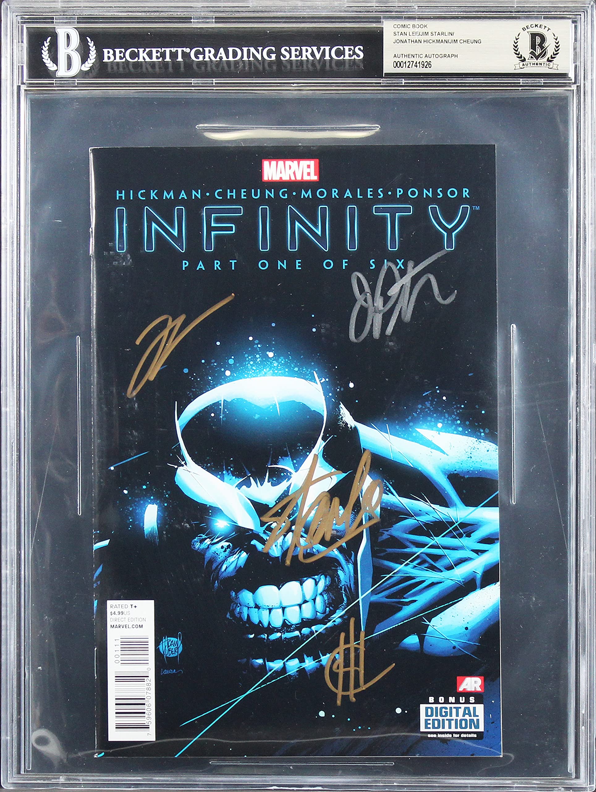 Stan Lee, Starlin, Hickman & Cheung Signed Infinity Part 1 of 6 Comic BAS Slab