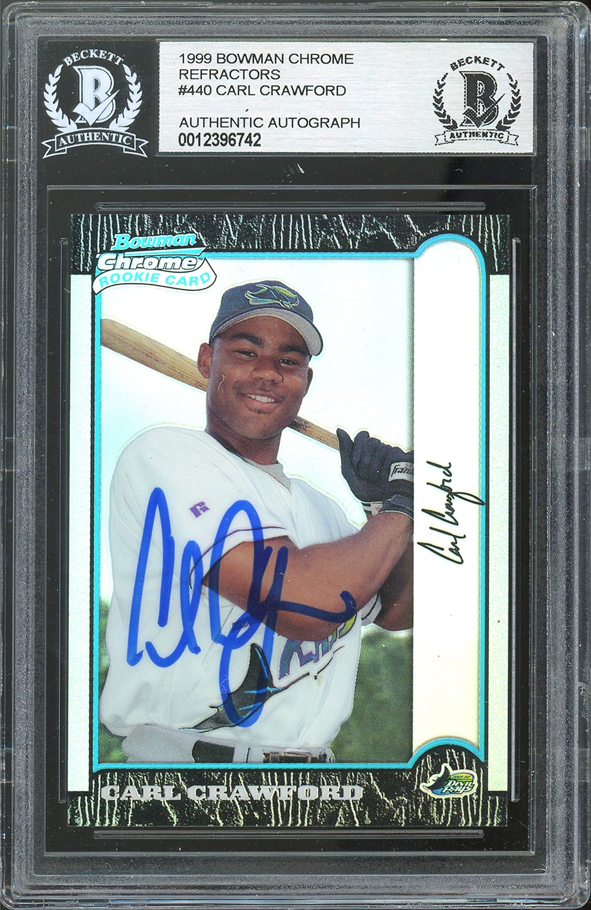 Rays Carl Crawford Signed 1999 Bowman Chrome Refractors #440 Card BAS Slabbed