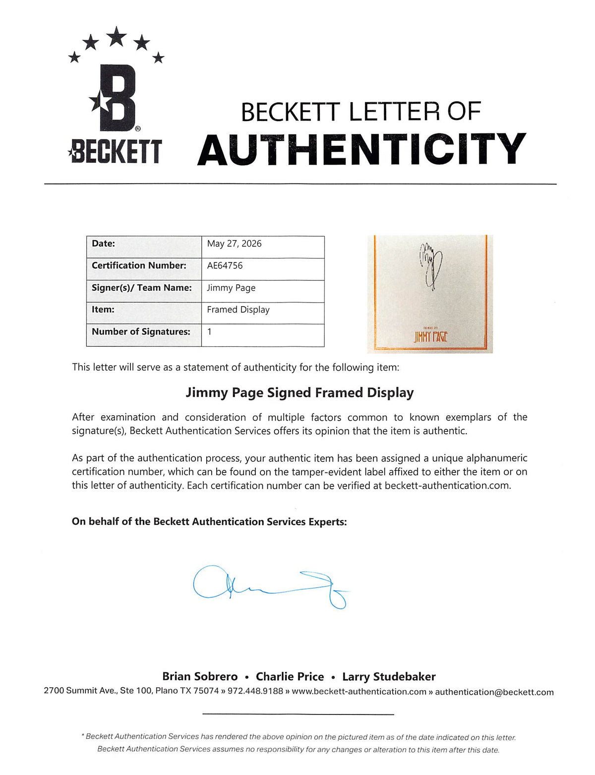 Jimmy Page Led Zeppelin Authentic Signed Cut Signature Framed Display BAS LOA