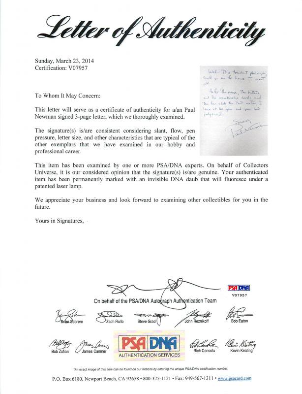 Paul Newman Signed 6.25X9 March 1955 3 Page Hand Written Letter PSA/DNA #V07957