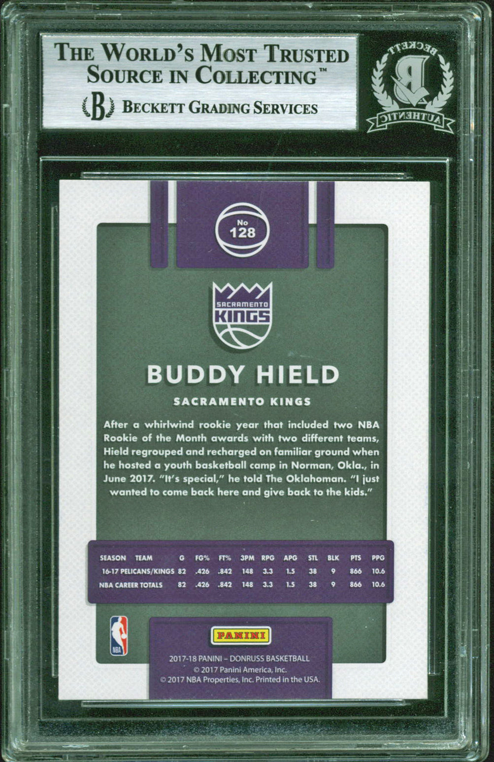 Kings Buddy Hield Authentic Signed 2017 Donruss #128 Auto Card BAS Slabbed