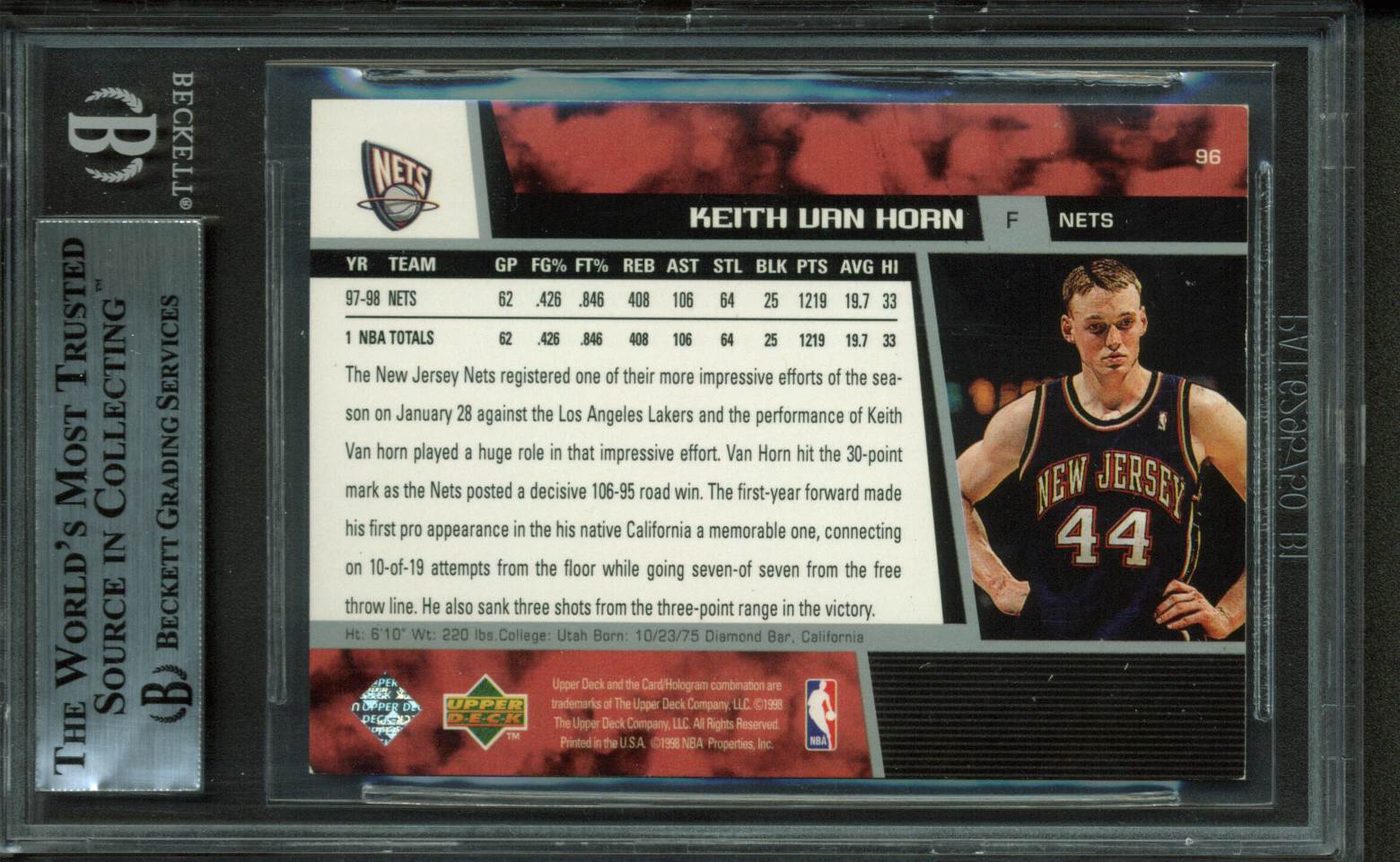 Nets Keith Van Horn Authentic Signed Card 1998 Upper Deck RC #96 BAS Slabbed
