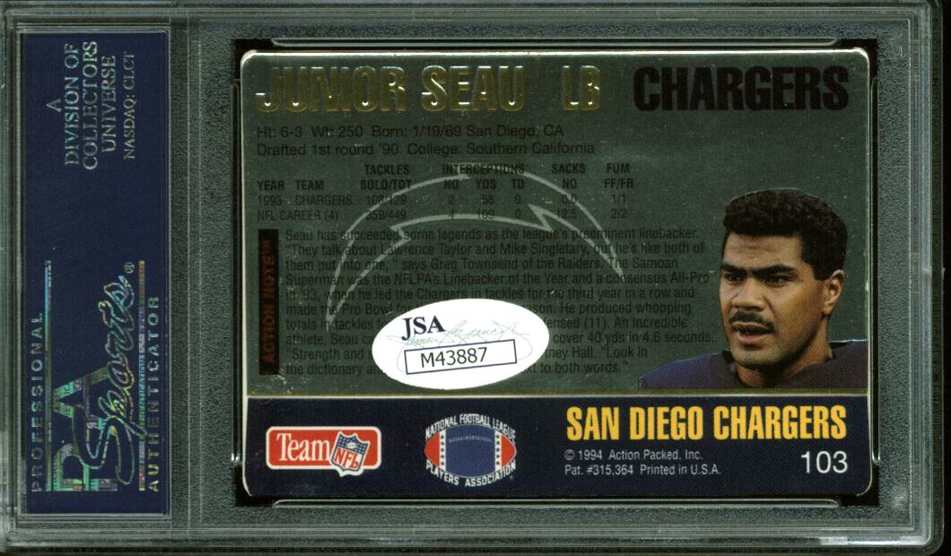 Chargers Junior Seau Authentic Signed Card 1994 Action Packed #103 PSA Slabbed