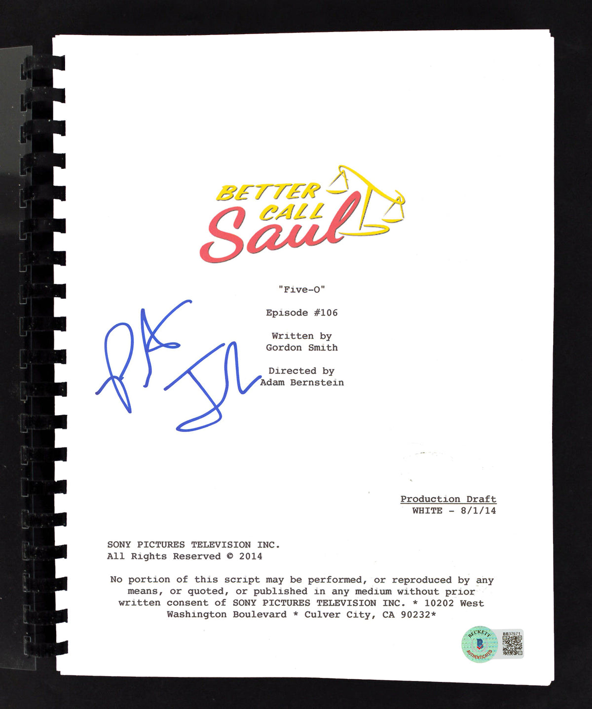 Patrick Fabian Authentic Signed Better Call Saul "Five-O" Tv Script BAS #BB37671
