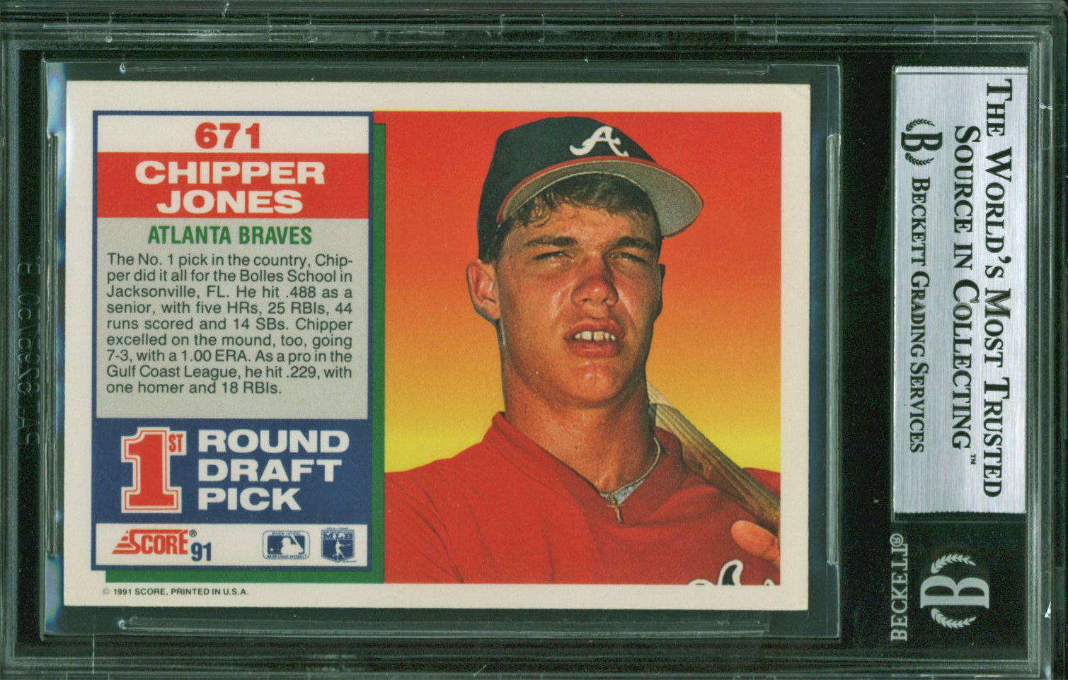 Braves Chipper Jones Authentic Signed 1991 Score #671 RC Auto Card BAS Slabbed