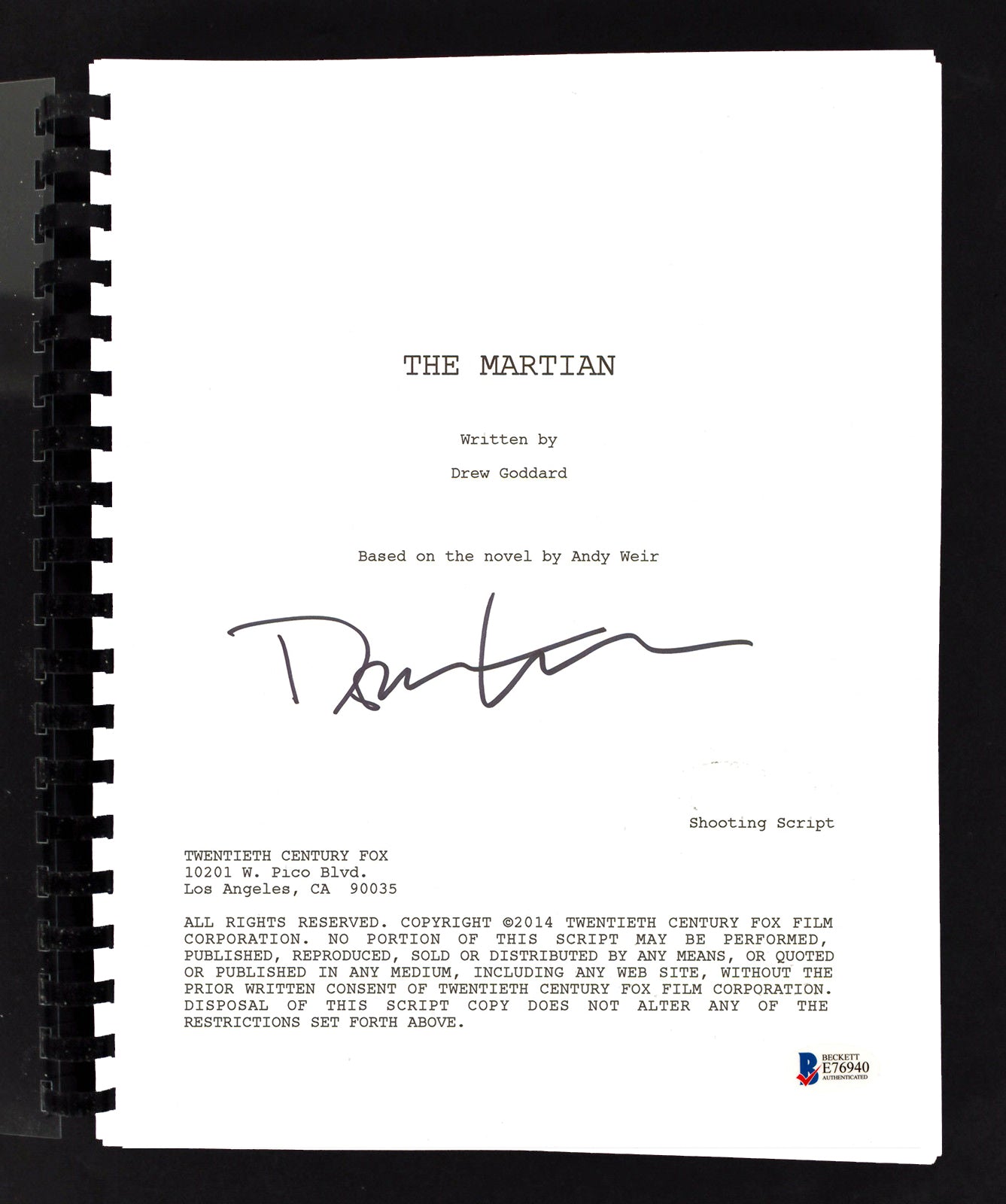 Drew Goddard The Martian Authentic Signed Movie Script Autographed BAS #E76940