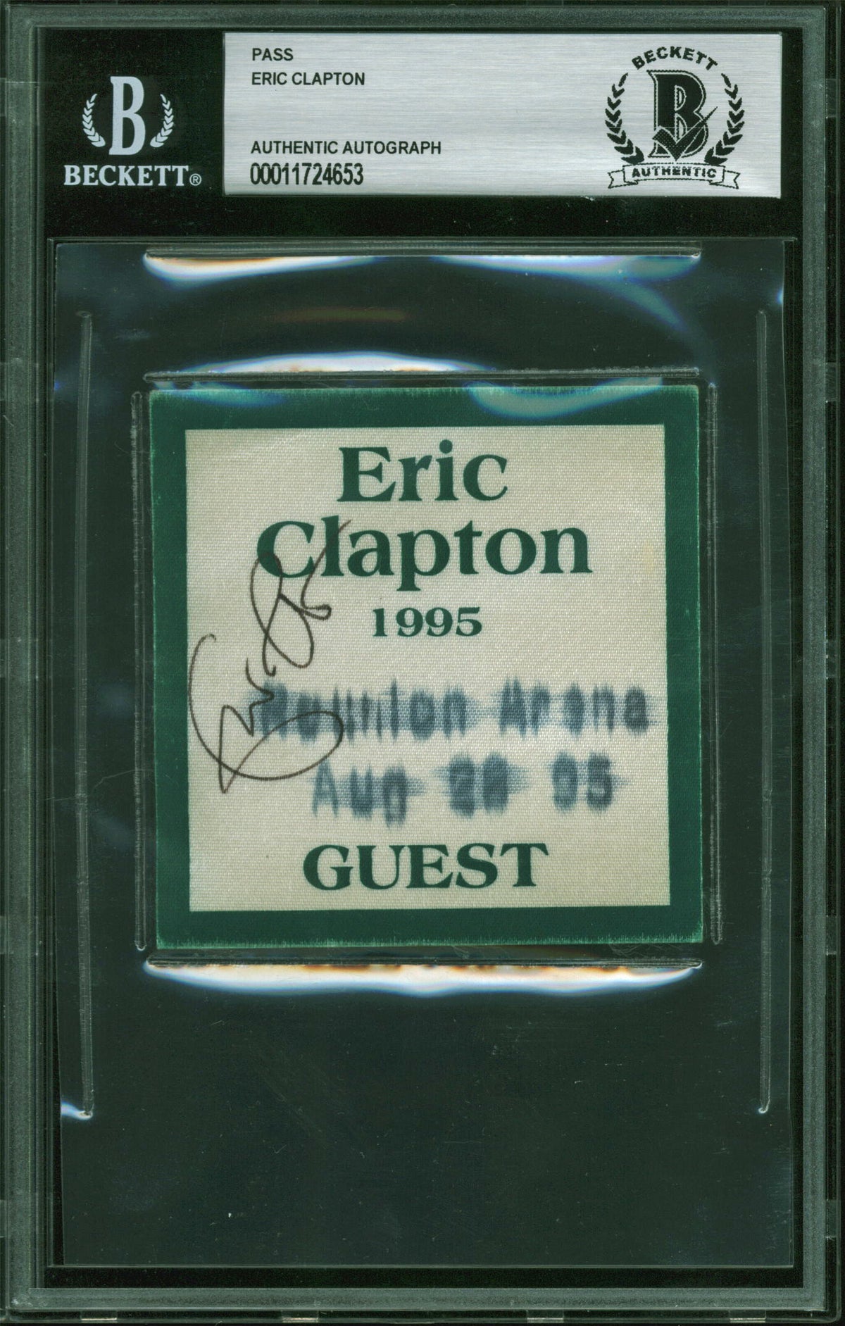 Eric Clapton Signed 3x3 Inch 1995 Dallas Concert Guest Pass BAS Slabbed