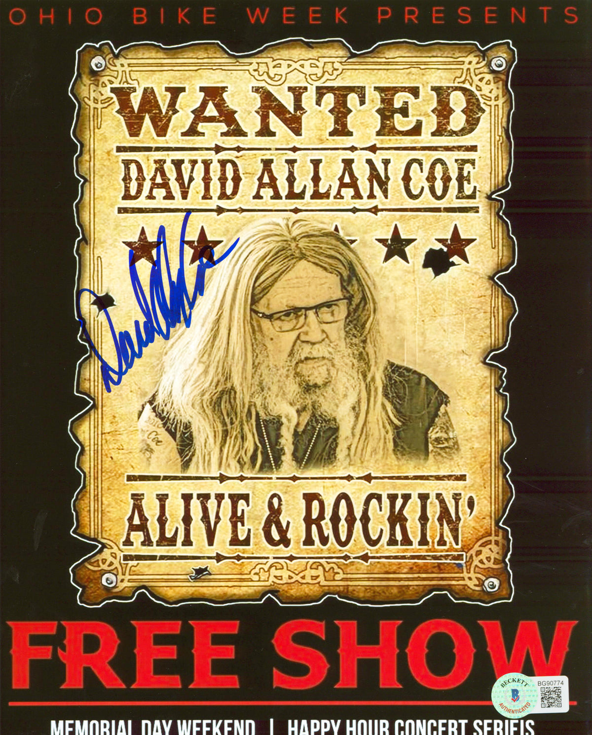 David Allan Coe Authentic Signed 8x10 Photo Autographed BAS #BG90774