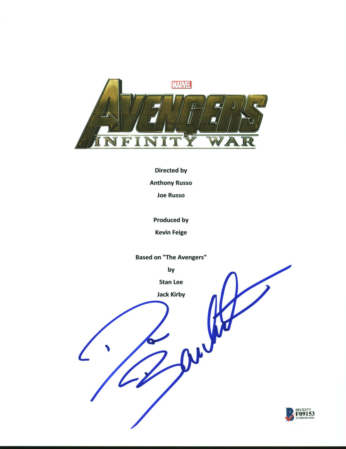 Dave Bautista Avengers Infinity War Signed Movie Script Cover BAS #F09153