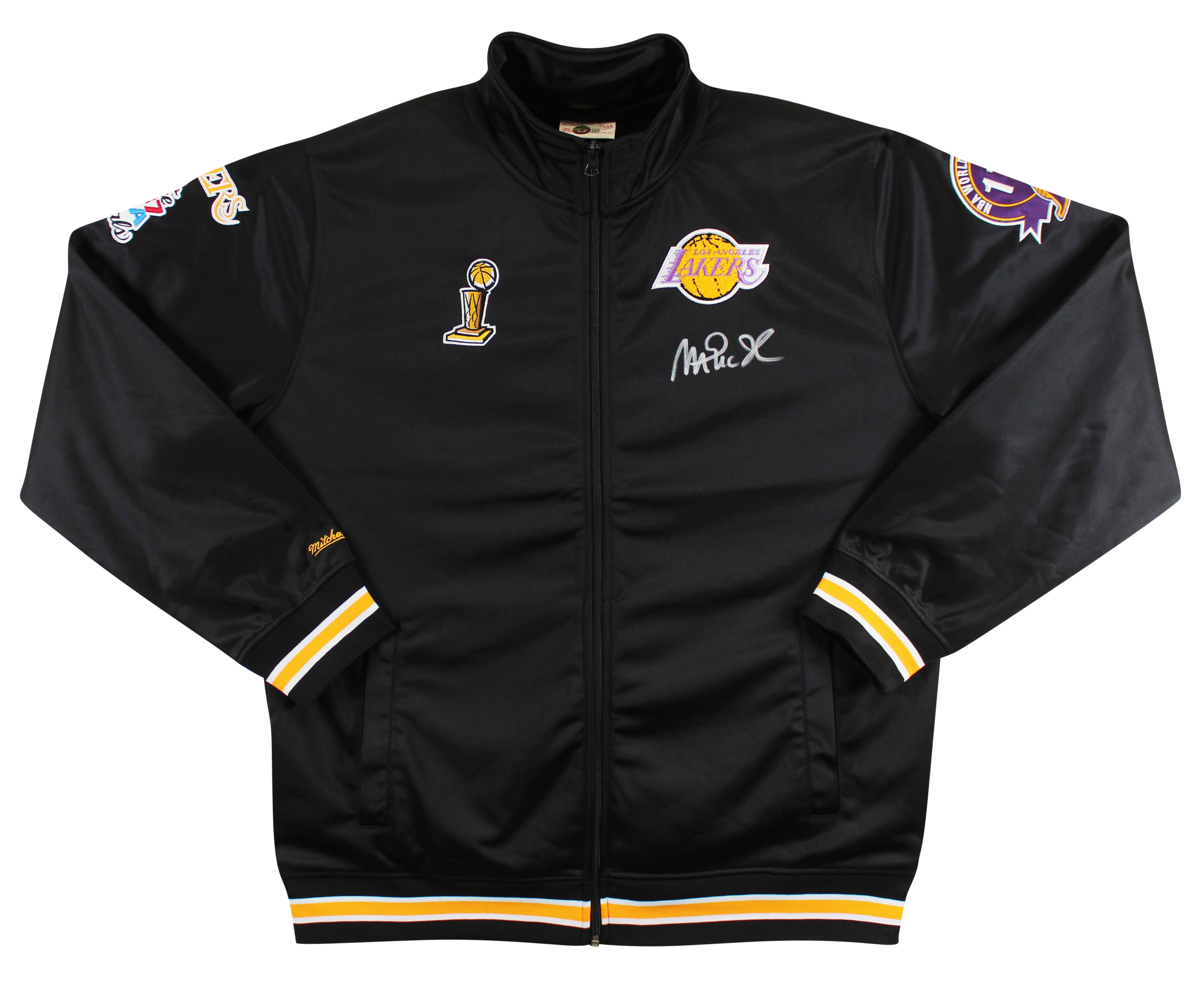Lakers Magic Johnson Signed Black M&N Warm Up Jacket w/ Patches BAS Witnessed