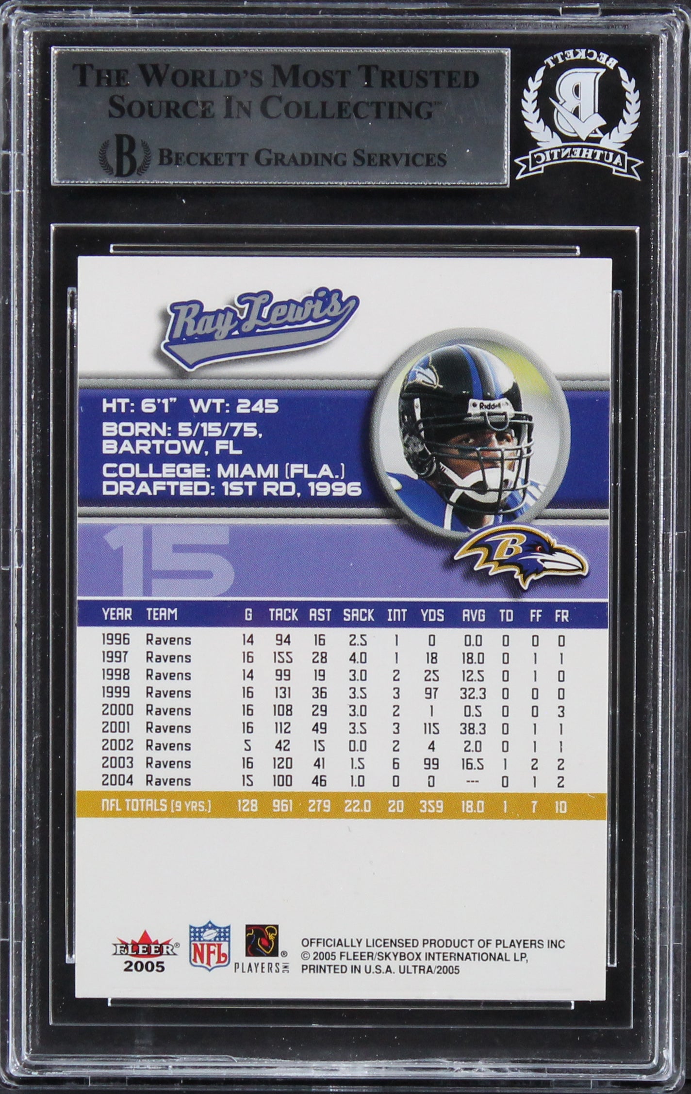 Ravens Ray Lewis Authentic Signed 2005 Ultra #15 Card Autographed BAS Slabbed