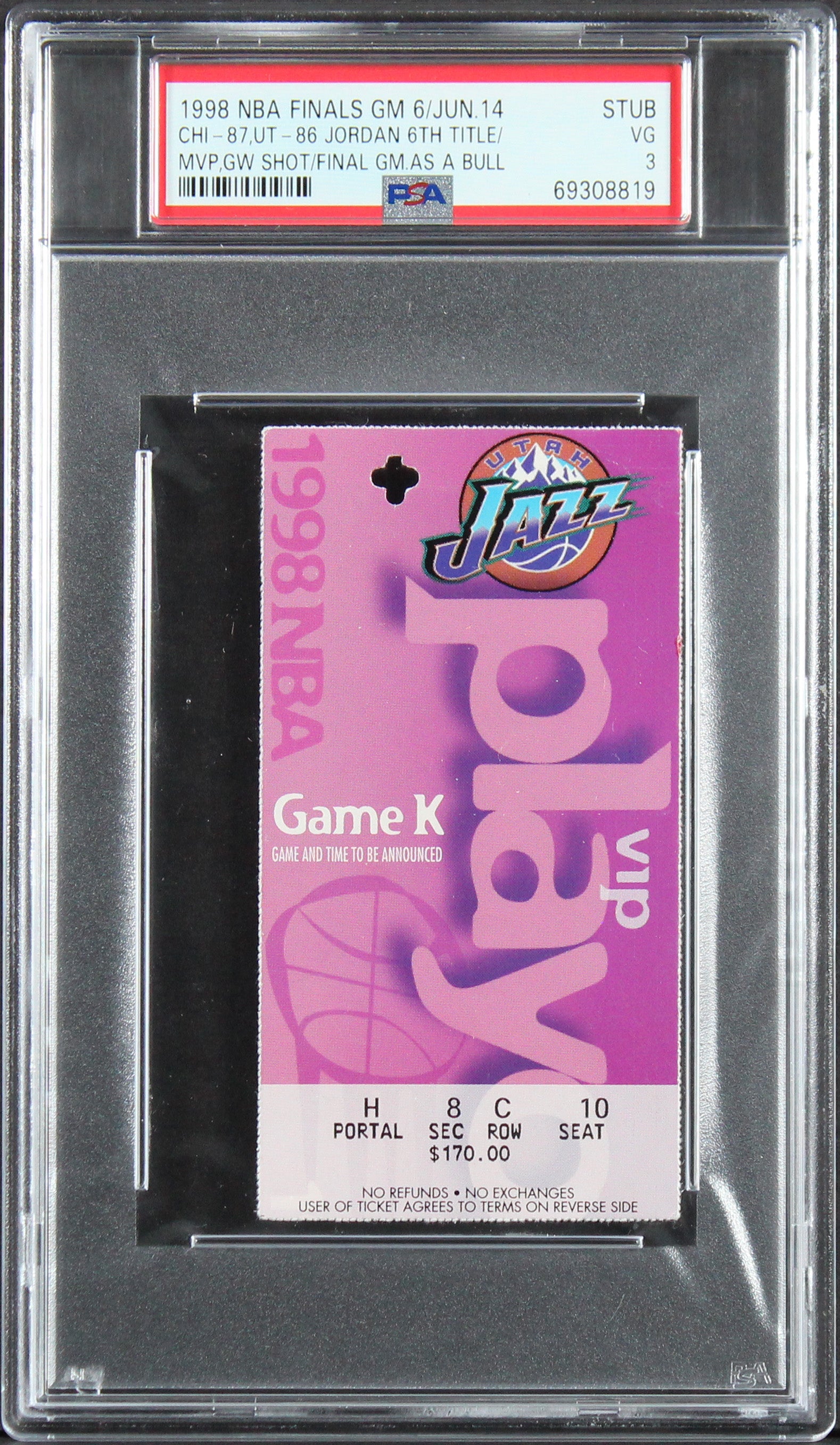 Michael Jordan '98 Bulls Vs Jazz Finals GM 6 VIP Ticket Stub Grade VG 3 PSA Slab