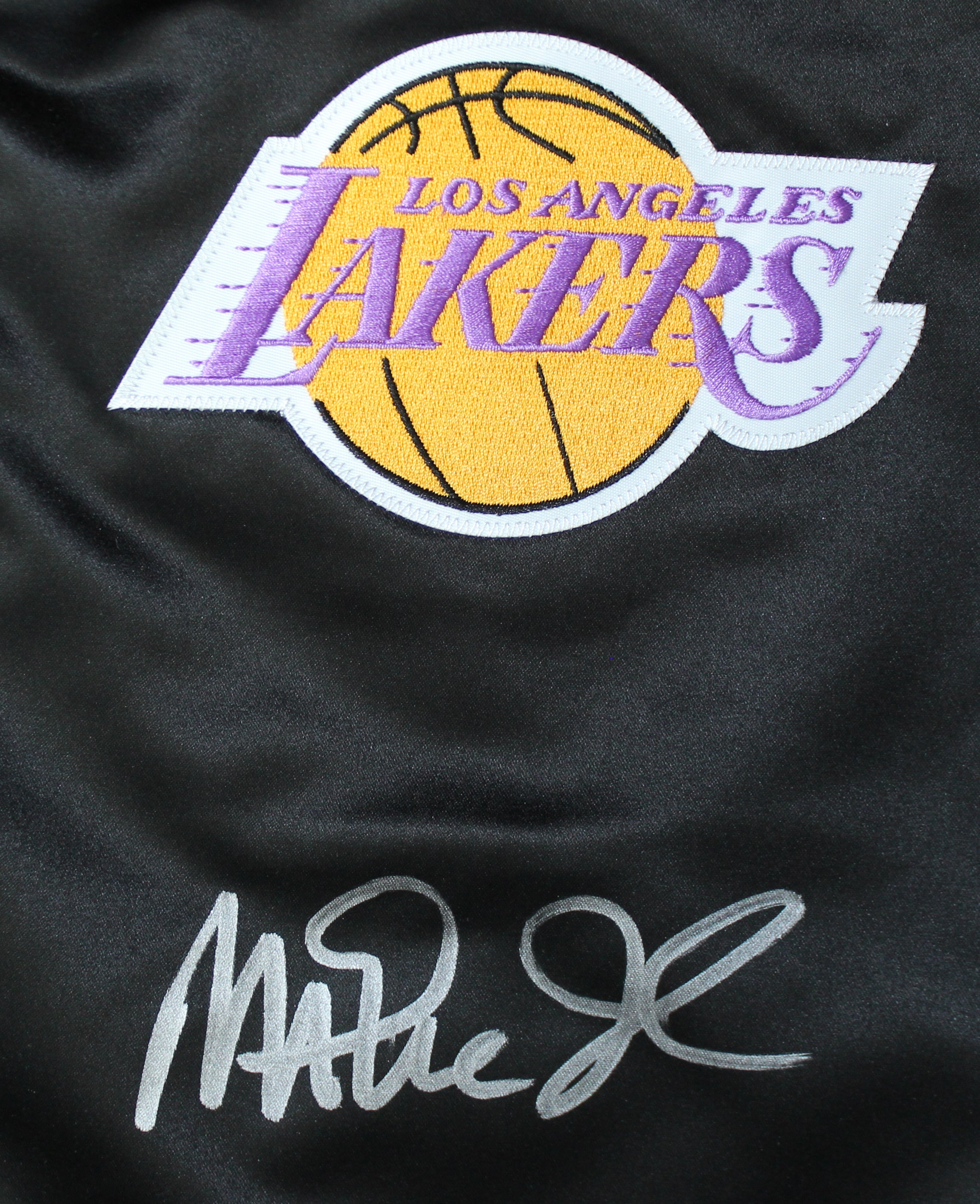 Lakers Magic Johnson Signed Black M&N HWC Bomber Jacket w/ Patches BAS Witnessed