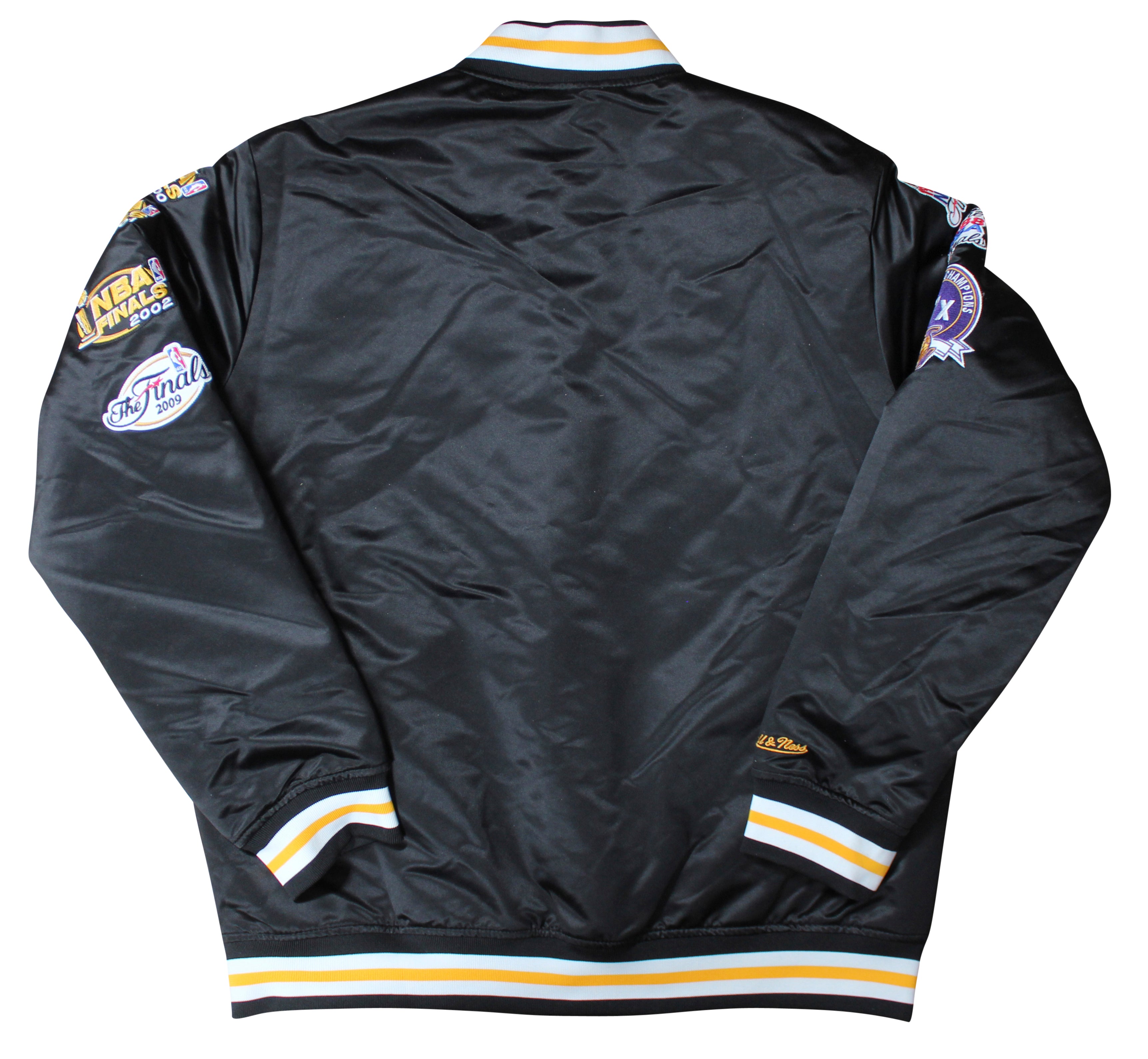 Lakers Magic Johnson Signed Black M&N HWC Bomber Jacket w/ Patches BAS Witnessed