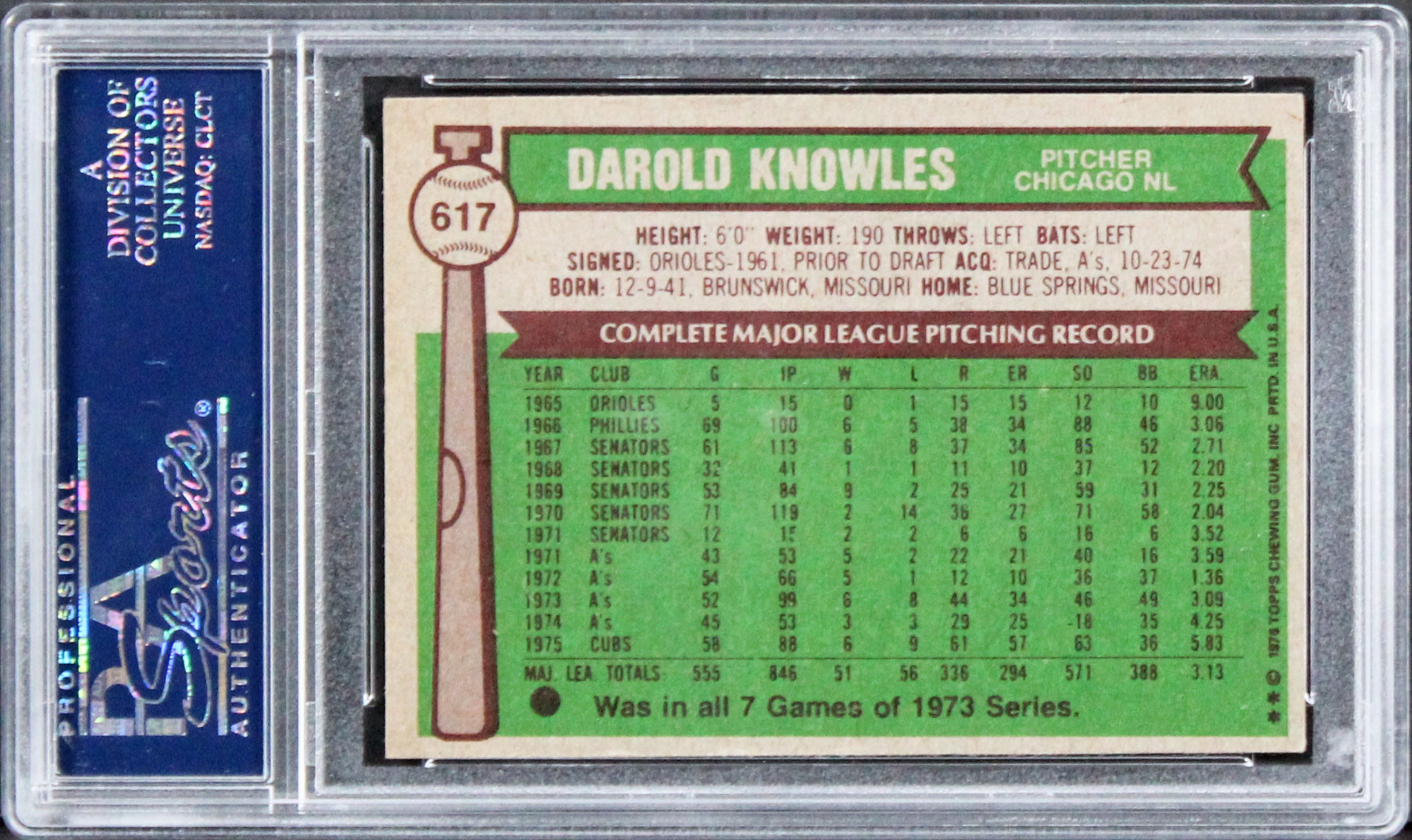 Cubs Darold Knowles Authentic Signed Card 1976 Topps #617 PSA Slabbed #83747854