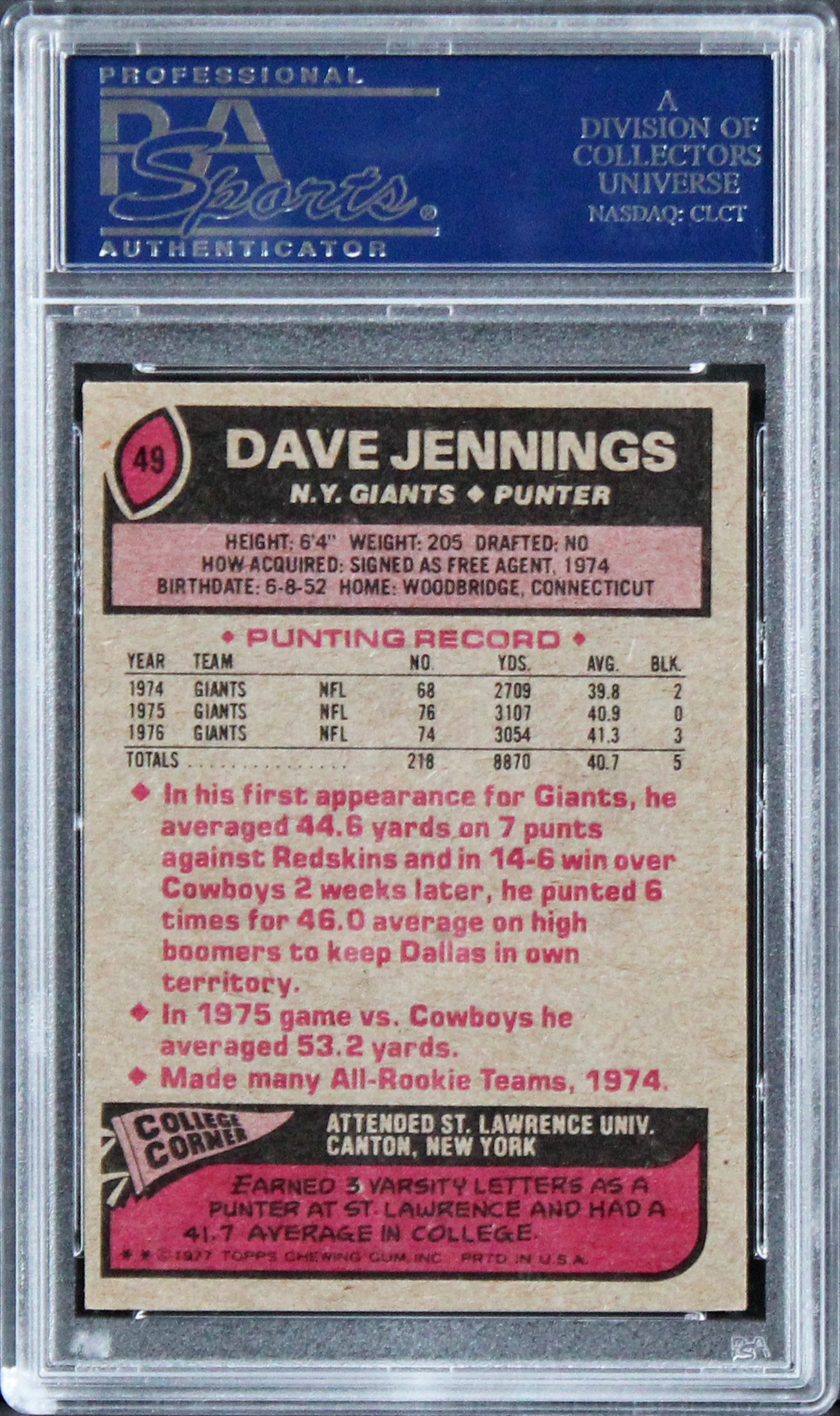 Giants Dave Jennings Authentic Signed Card 1977 Topps #49 PSA/DNA Slabbed