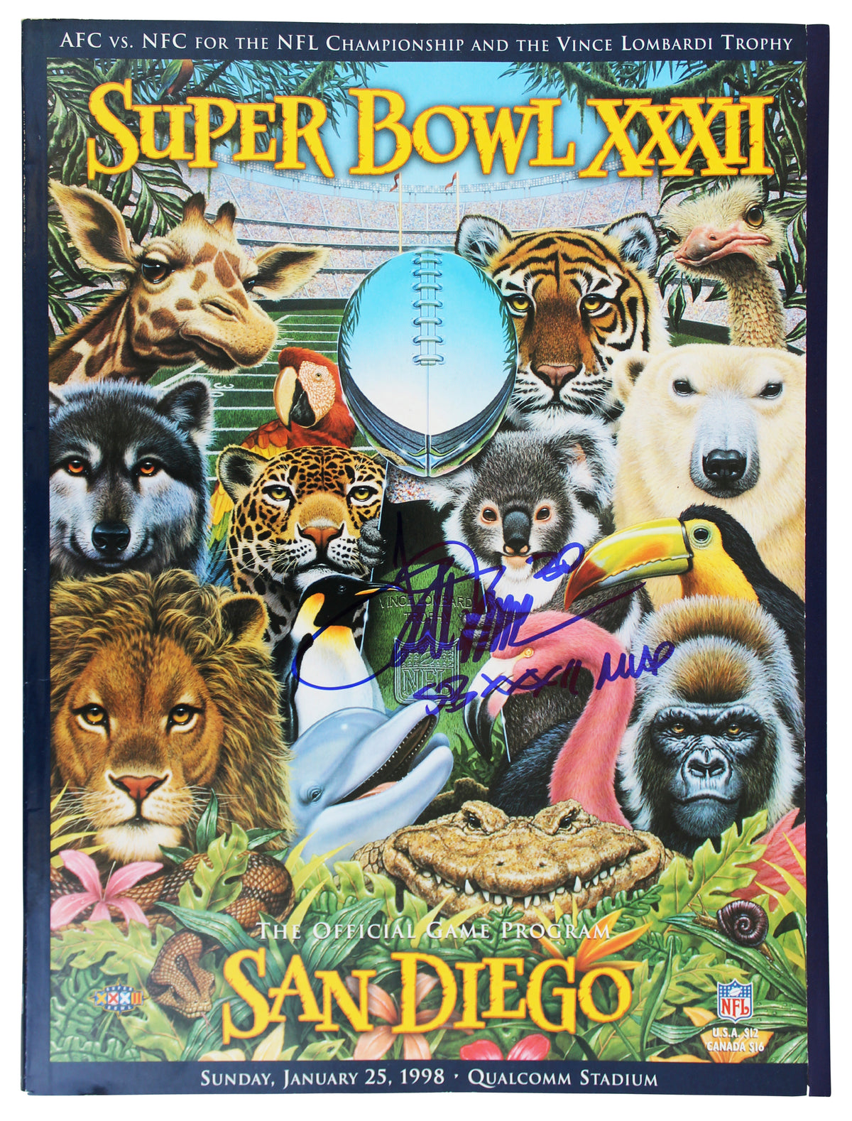 Broncos Terrell Davis "SB XXXII MVP" Signed SB XXXII Program BAS Wit #W103720