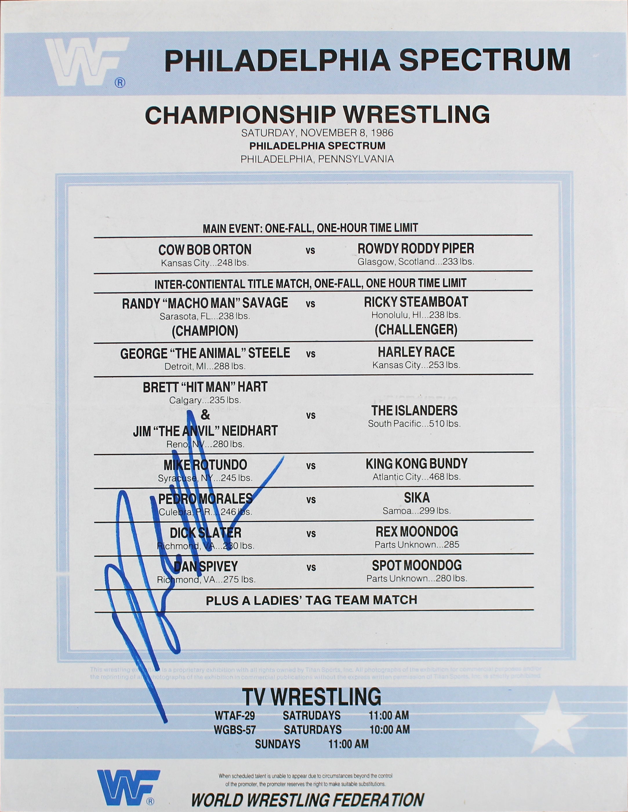 Macho Man Randy Savage Signed 8.5x11 WWF Wrestling Match Schedule Flyer JSA