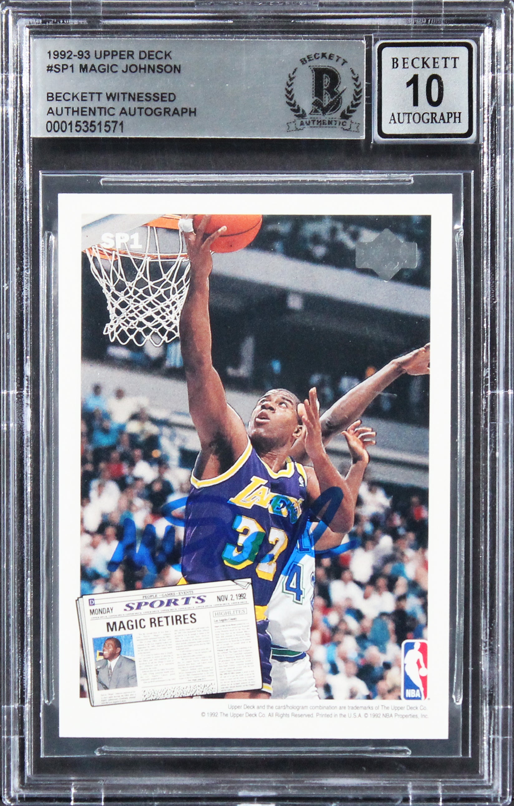 Lakers Magic Johnson Signed 1992 Upper Deck #SP1 Card Auto 10! BAS Slabbed