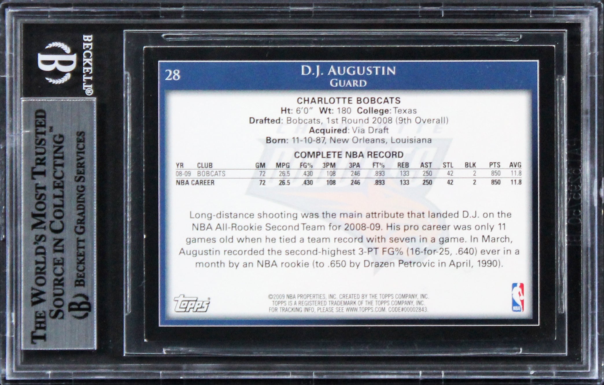 Bobcats D.J. Augustin Authentic Signed Card 2009 Topps #28 BAS Slabbed