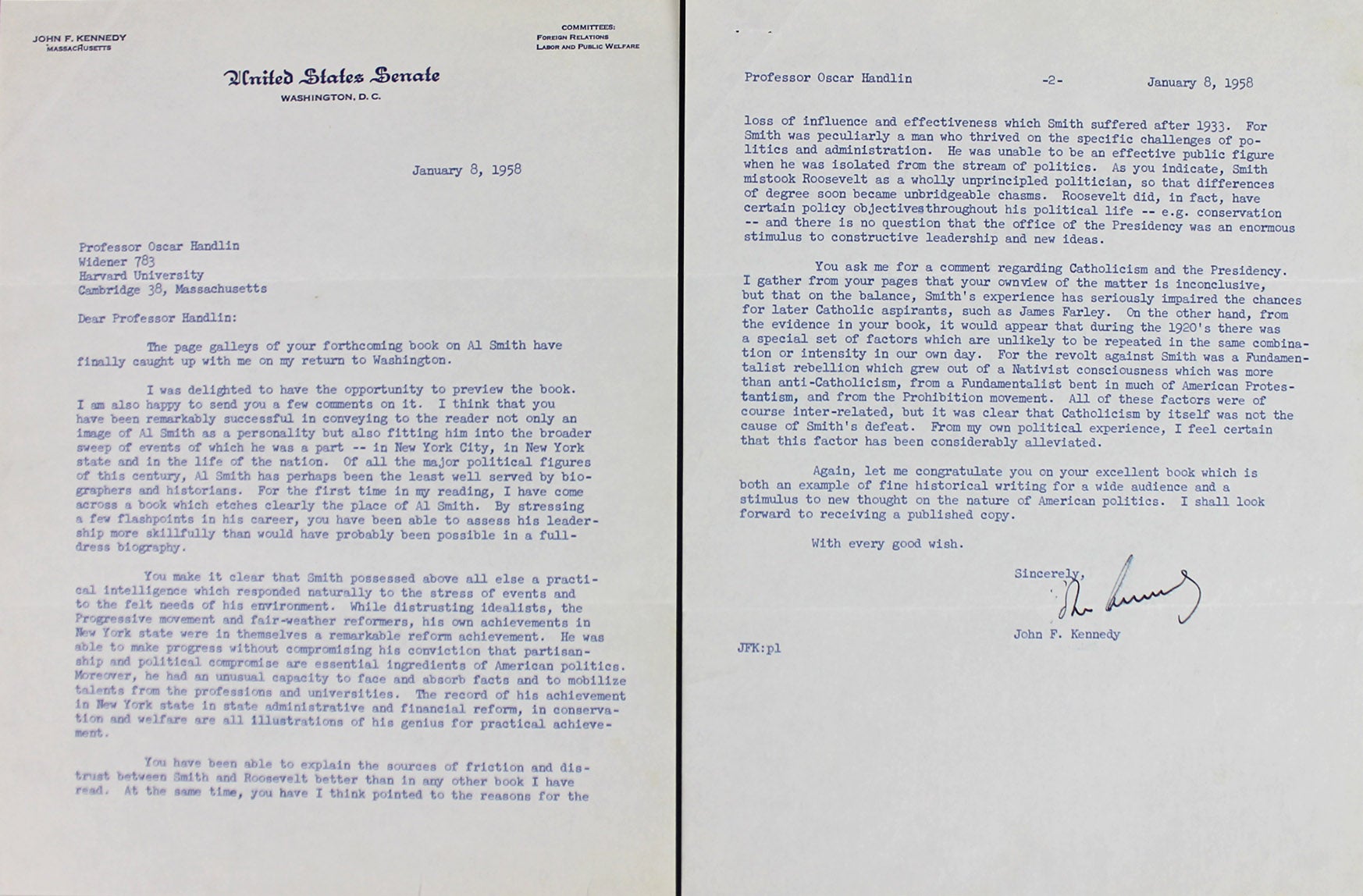 John F. Kennedy Signed 1958 2 Page Letter Discussing Al Smith BAS #A86830
