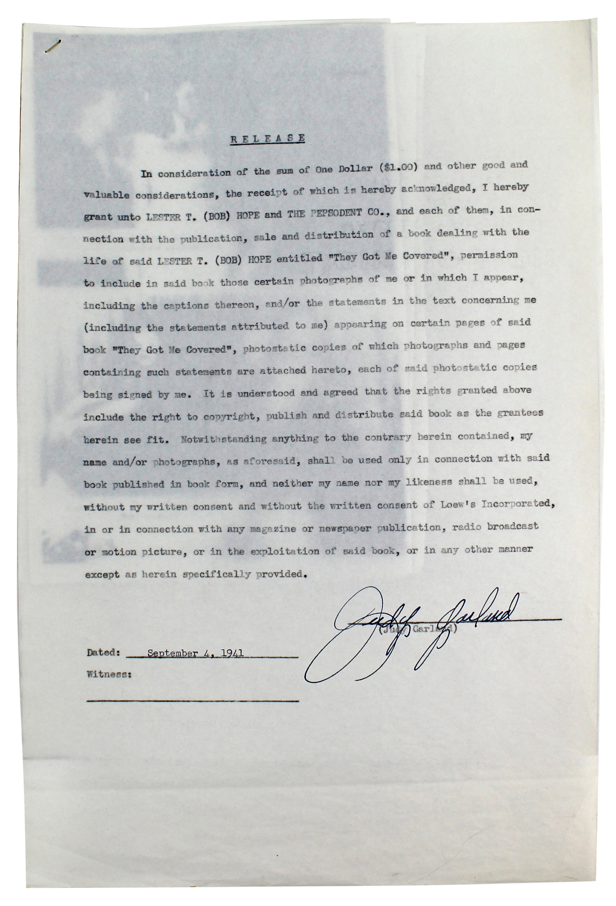 Judy Garland Signed 8.5x13 Bob Hope Contract Dated September 4, 1941 BAS #A39188
