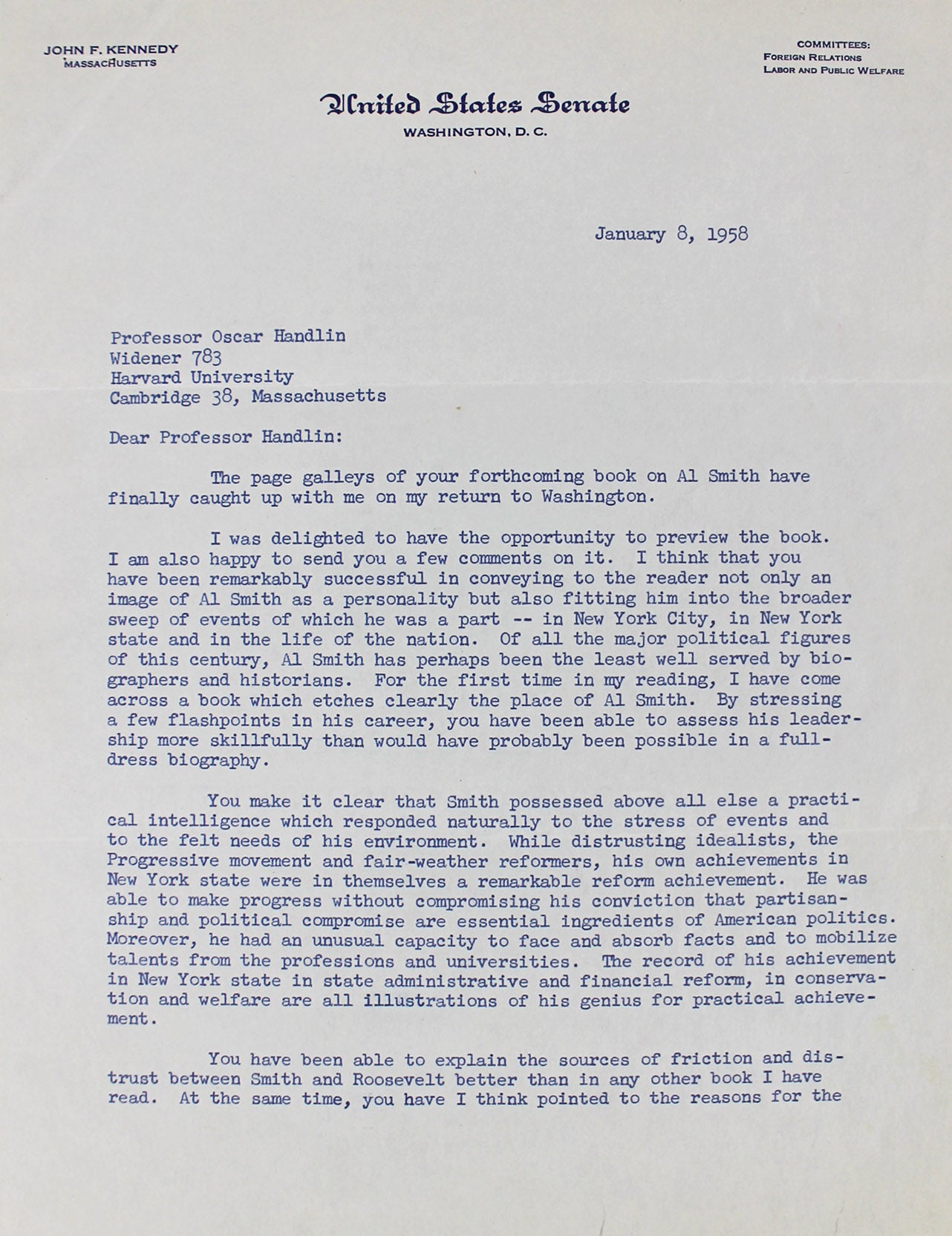 John F. Kennedy Signed 1958 2 Page Letter Discussing Al Smith BAS #A86830