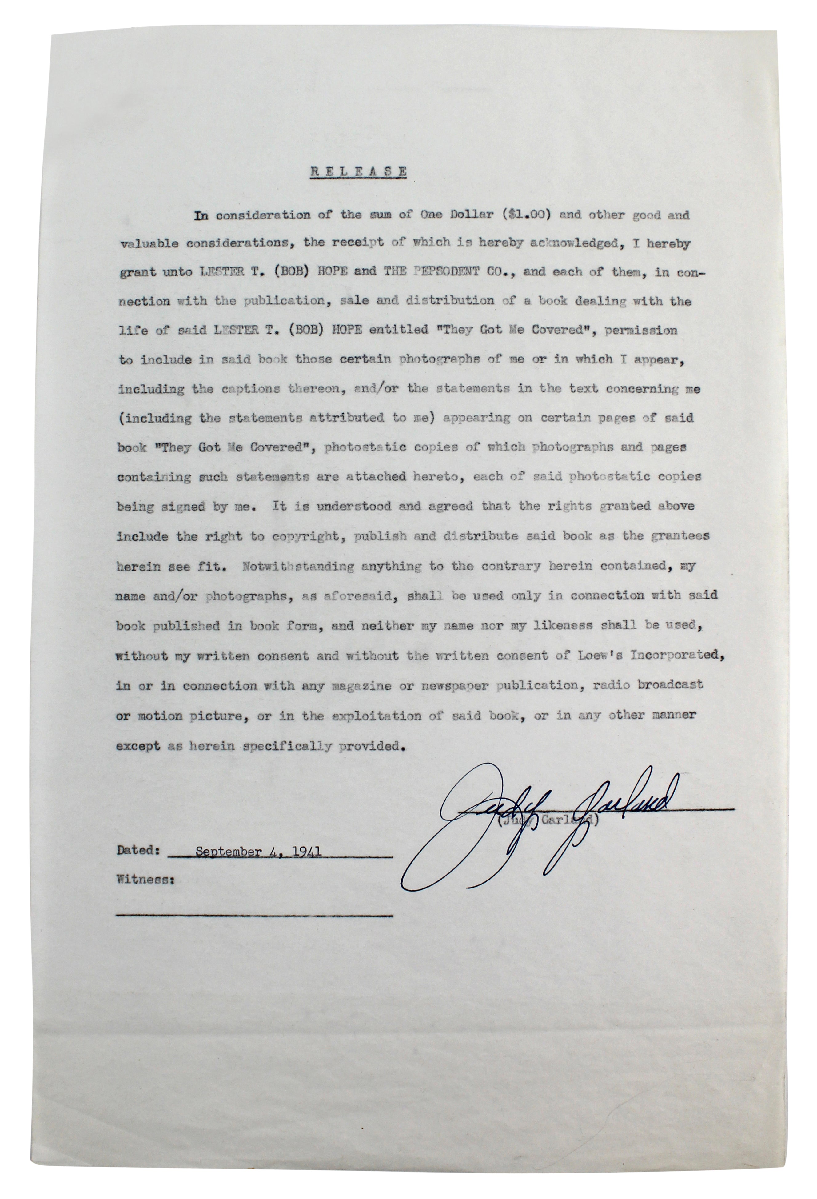 Judy Garland Signed 8.5x13 Bob Hope Contract Dated September 4, 1941 BAS #A39188